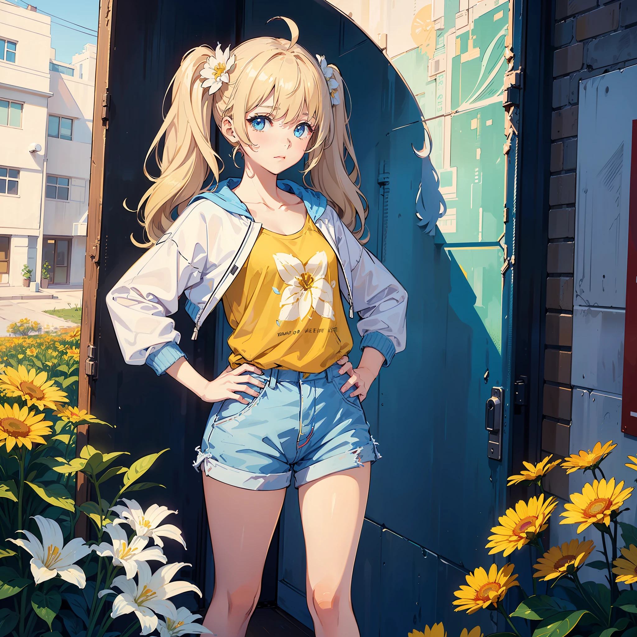 (((masterpiece))),(((best quality))),(((illustration)),

(((beautiful detailed girl))),small chest,hands_on_hips, 

((delicate face)),expressionless,light blue eyes,

long hair,twintails,beige hair,hair flower,ahoge,

white jacket,Yellow T-shirt,bare leg,

in school,flowers,sunny,teaching building,beautiful landscape,