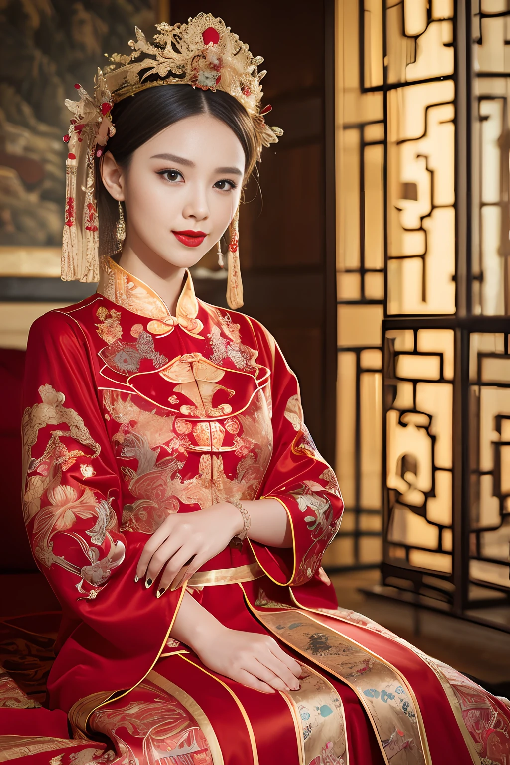 (Ultra-realistic 8k CG: 1.2), perfect artwork, delicate patterns, intricate details, (unparalleled masterpiece, best quality: 1.2), (extremely complex: 1.2), a woman in a red and gold dress, phoenix crown, hair stick, (sitting on a red bed), makeup, blush, shyness, black_hair, looking down, cosmetics, (forehead point), (2 red candles), Chinese_clothes, curtains, earrings, hair_ornament,hanfu, interior, jewelry, red nails, long_sleeves, red dress, red lips, tassels, (red quilt), (red palace: 1.2), (ancient Chinese architecture), (red: 1.8), night