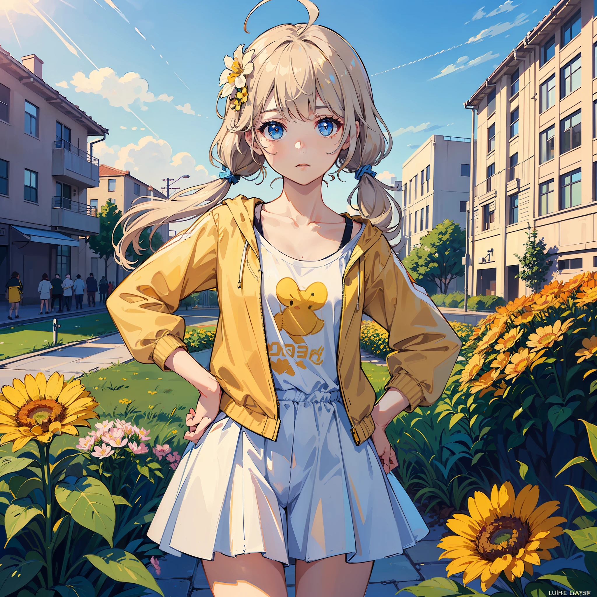 (((masterpiece))),(((best quality))),(((illustration)),

(((beautiful detailed girl))),small chest,hands_on_hips, 

((delicate face)),expressionless,light blue eyes,

long hair,twintails,beige hair,hair flower,ahoge,

white jacket,Yellow T-shirt,bare leg,

in school,flowers,sunny,teaching building,beautiful landscape,