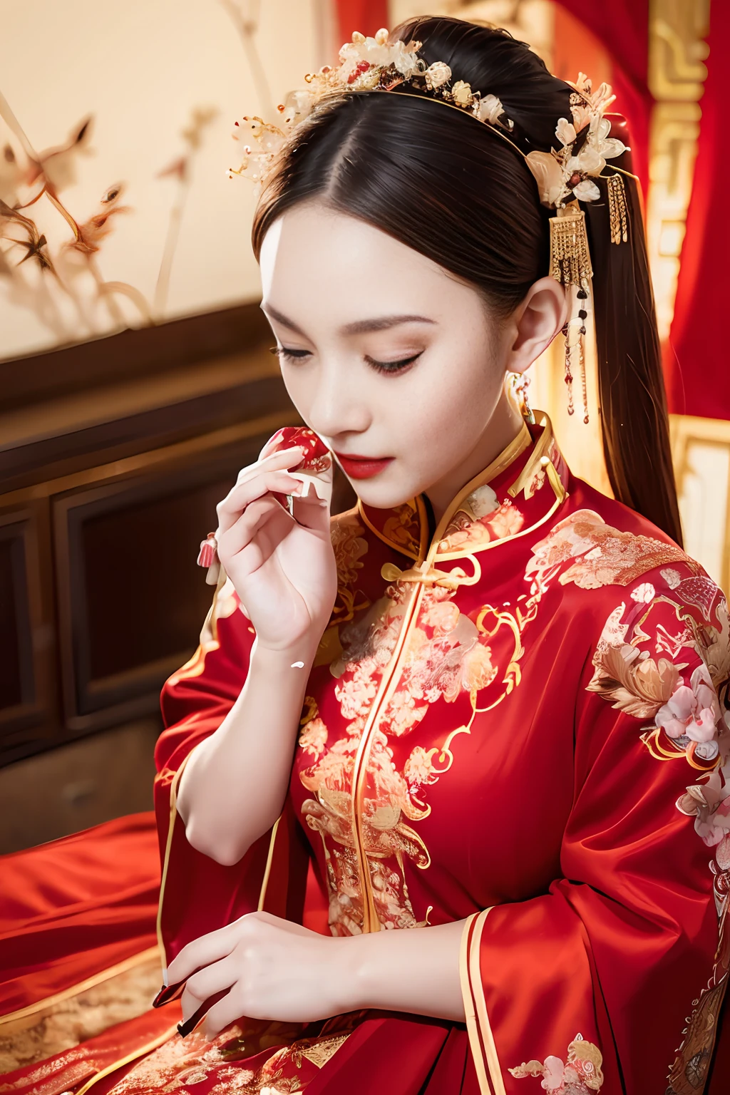 (Ultra-realistic 8k CG: 1.2), perfect artwork, delicate patterns, intricate details, (unparalleled masterpiece, best quality: 1.2), (extremely complex: 1.2), a woman in a red and gold dress, phoenix crown, hair stick, (sitting on a red bed), makeup, blush, shyness, black_hair, looking down, cosmetics, (forehead point), (2 red candles), Chinese_clothes, curtains, earrings, hair_ornament,hanfu, interior, jewelry, red nails, long_sleeves, red dress, red lips, tassels, (red quilt), (red palace: 1.2), (ancient Chinese architecture), (red: 1.8), night