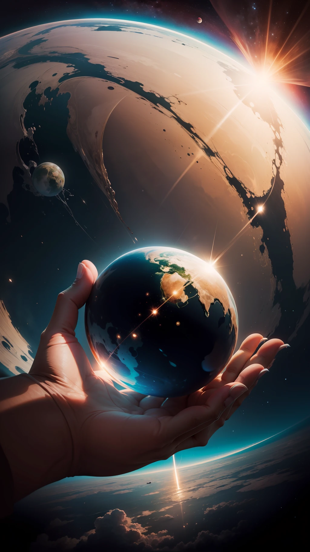 Planet floating in space [ foto realista] hands up that control the planet, Dark and chaotic background [alta qualidade] [clima de suspense]