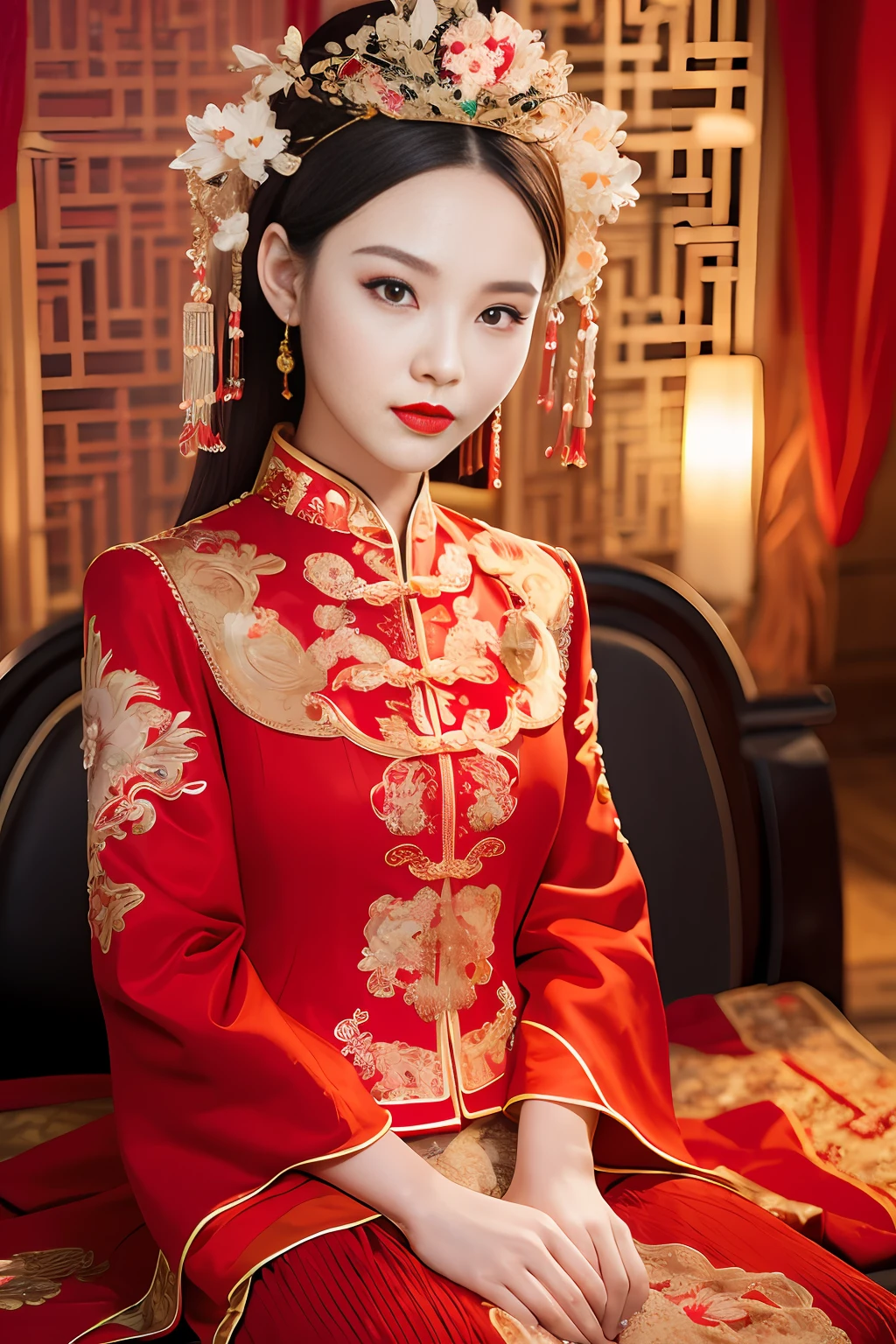 (Ultra-realistic 8k CG: 1.2), perfect artwork, delicate patterns, intricate details, (unparalleled masterpiece, best quality: 1.2), (extremely complex: 1.2), a woman in a red and gold dress, phoenix crown, hair stick, (sitting on a red bed), makeup, blush, shyness, black_hair, looking down, cosmetics, (forehead point), (2 red candles), Chinese_clothes, curtains, earrings, hair_ornament,hanfu, interior, jewelry, red nails, long_sleeves, red dress, red lips, tassels, (red quilt), (red palace: 1.2), (ancient Chinese architecture), (red: 1.8), night