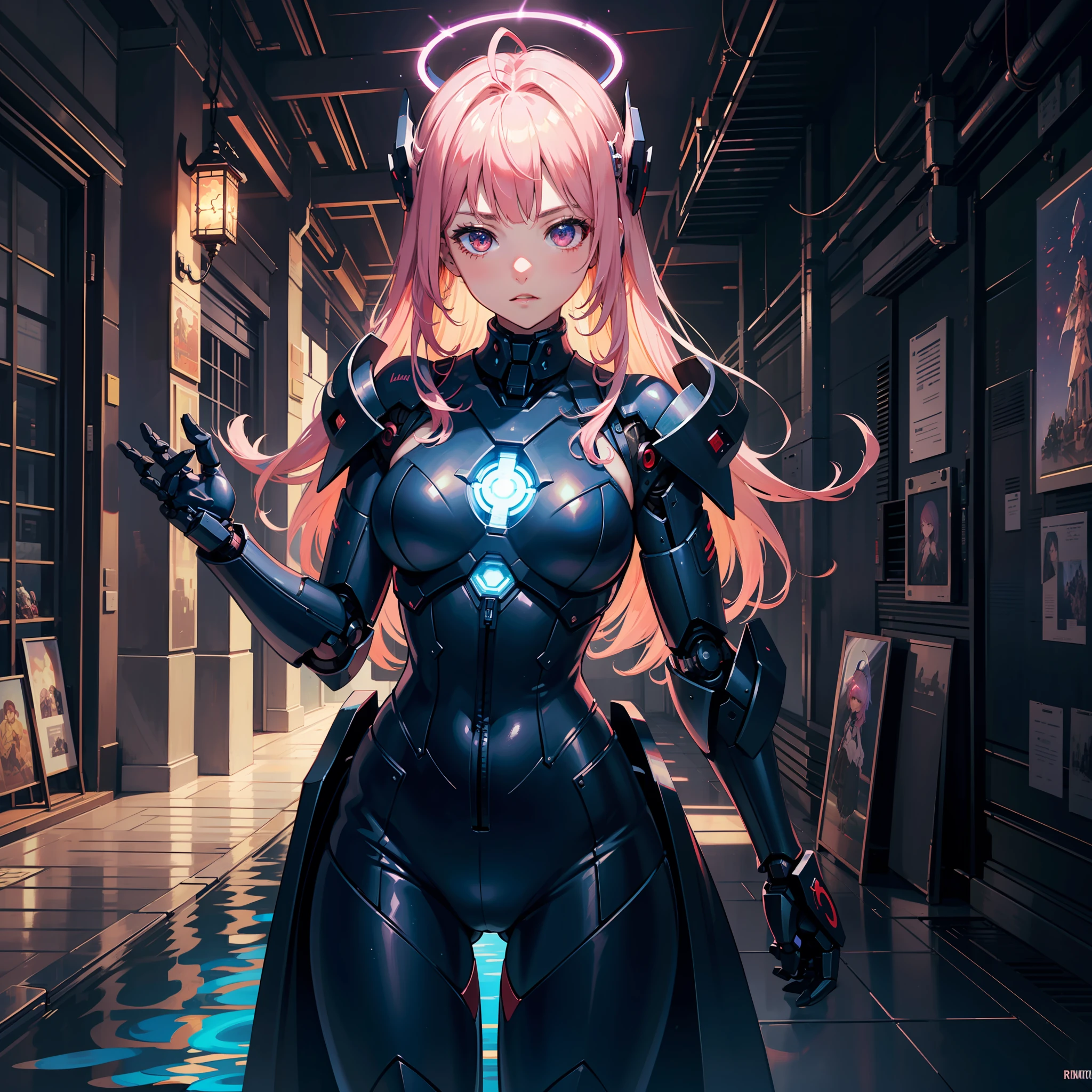 Anime girl in a black suit with a halo standing in a hallway - SeaArt AI