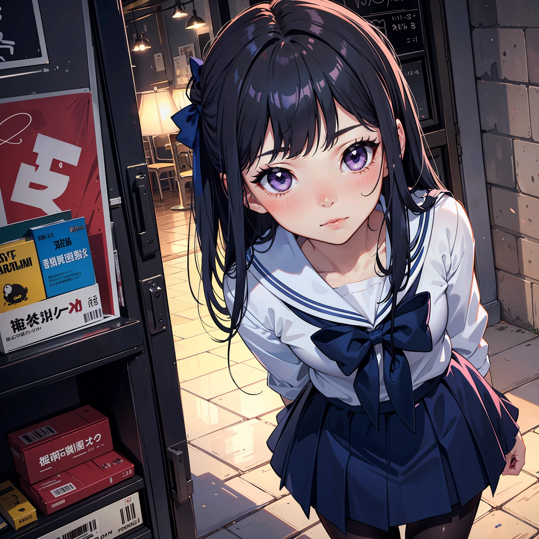 1girl , ((school clothes)) , long hair , hair color black , ((masterpiece)) , (hyper detailed) , (pantyhose) , loose hair , adolescent , blue-purple eyes , detailed face , blushing face , black color hair , super detailed face ,