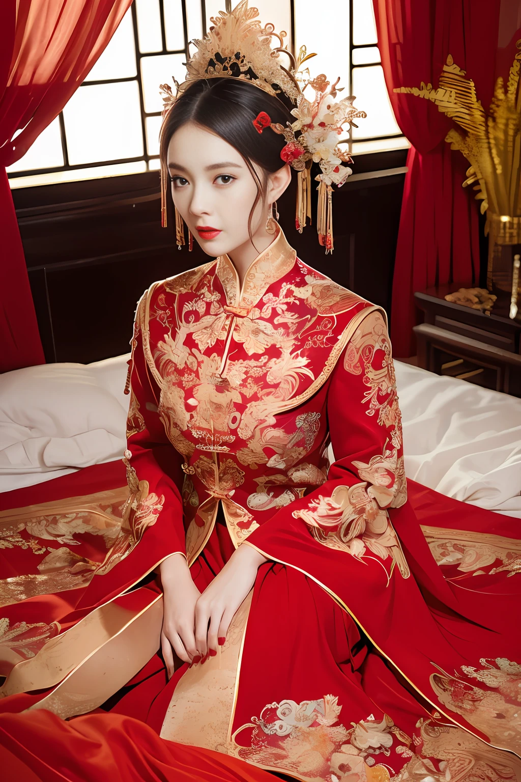 (Ultra-realistic 8k CG: 1.2), perfect artwork, delicate patterns, intricate details, (unparalleled masterpiece, best quality: 1.2), (extremely complex: 1.2), a woman in a red and gold dress, phoenix crown, hair stick, (sitting on a red bed), makeup, blush, shyness, black_hair, looking down, cosmetics, (forehead point), (2 red candles), Chinese_clothes, curtains, earrings, hair_ornament,hanfu, interior, jewelry, red nails, long_sleeves, red dress, red lips, tassels, (red quilt), (red palace: 1.2), (ancient Chinese architecture), (red: 1.8), night