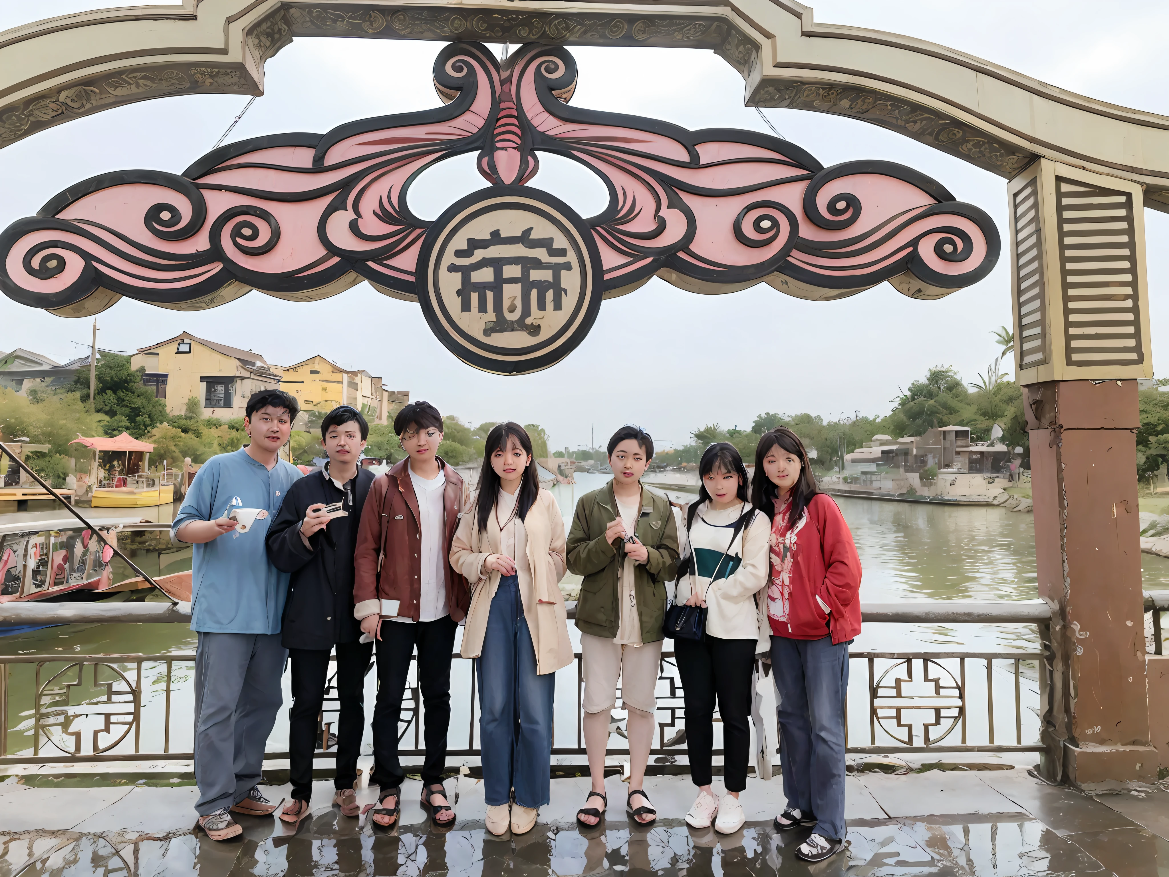 arafed group of people standing in front of a bridge with a sign, with many travelers, group photo, holiday, a picture, 🦩🪐🐞👩🏻🦳, taken in 2 0 2 0, masterpiece, pose 1 of 1 6, duy beni serial, 2 0 2 2 photo, at an ancient city