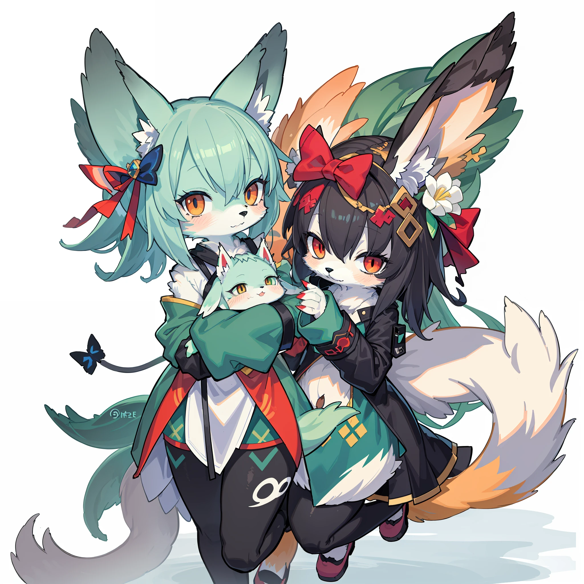 anime - style illustration of a cat with a bow and butterfly wings, ethereal fox, digital green fox, character adoptable, full body adoptable, fullbody commission for, aesthetic cute with flutter, a beautiful fox lady, fursona art, very very beautiful furry art, cute fumo plush fox girl, pixie character, from arknights, Anthropomorphic fox