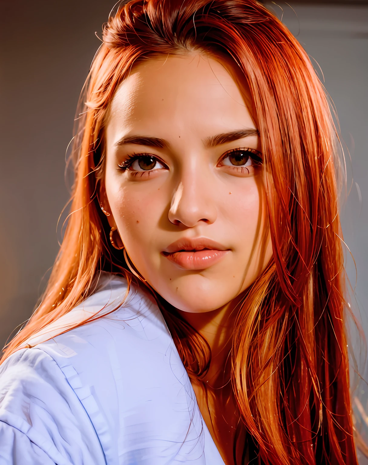 there is a woman with red hair and a blue shirt, Ela tem longos cabelos castanhos alaranjados, Retrato Sophie Mudd, ela tem cabelos longos e redorange, cabelo laranja, retrato colorido, modelo bonito, cabelo laranja brilhante, cabelo laranja brilhante, ela tem cabelos ruivos, cabelo de cobre, red head, com cabelos ruivos, pele laranja e cabelo ardente longo