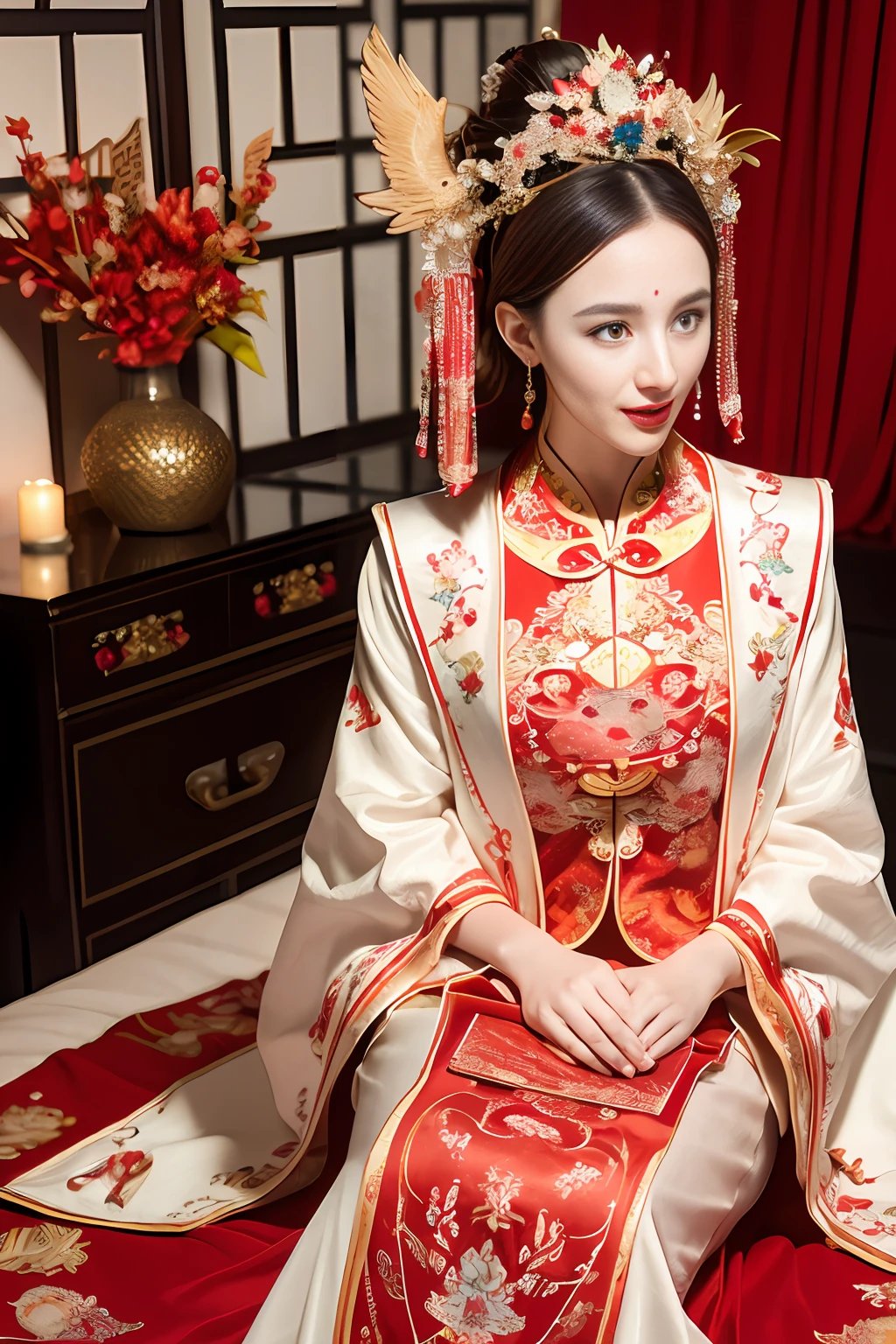 (Ultra-realistic 8k CG: 1.2), perfect artwork, delicate patterns, intricate details, (unparalleled masterpiece, best quality: 1.2), (extremely complex: 1.2), a woman in a red and gold dress, phoenix crown, hair stick, (sitting on a red bed), makeup, blush, shyness, black_hair, looking down, cosmetics, (forehead point), (2 red candles), Chinese_clothes, curtains, earrings, hair_ornament,hanfu, interior, jewelry, red nails, long_sleeves, red dress, red lips, tassels, (red quilt), (red palace: 1.2), (ancient Chinese architecture), (red: 1.8), night