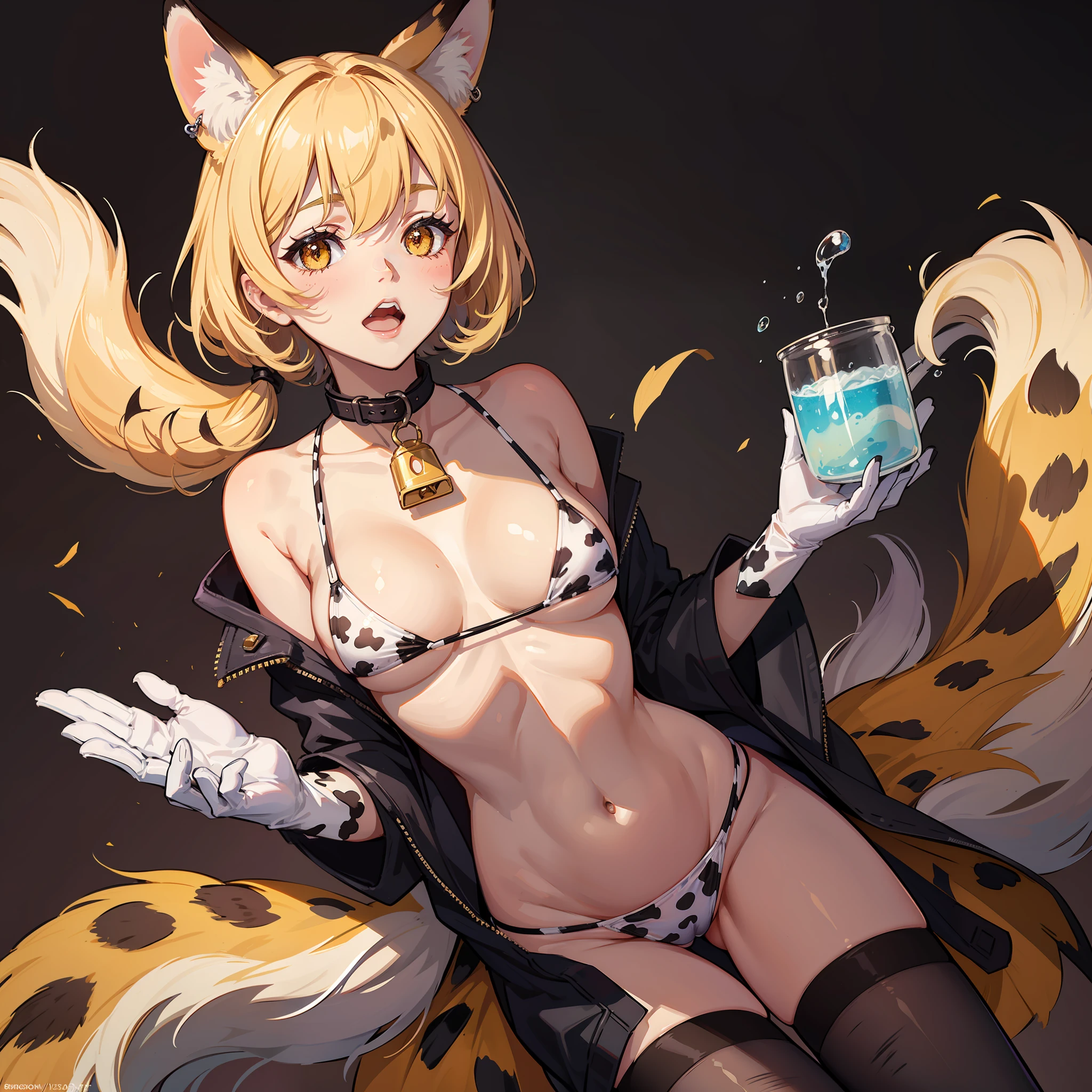 animal_ears, animal_print, cow_print, fox_tail, tail, bell, neck_bell, serval_\(kemono_friends\), cowbell, serval_print, yakumo_ran, breasts, multiple_tails, fox_ears, print_legwear, print_gloves, 1girl, collar, twitter_username, blonde_hair, thighhighs, blush, swimsuit, brown_background, year_of_the_ox, print_bikini, navel, gloves, yellow_eyes, short_hair, leopard_print, lactation, bikini, elbow_gloves, solo, strap_pull, cow_tail, open_mouth, fox_girl, eyebrows_visible_through_hair, looking_at_viewer, collarbone, 2021, cow_horns