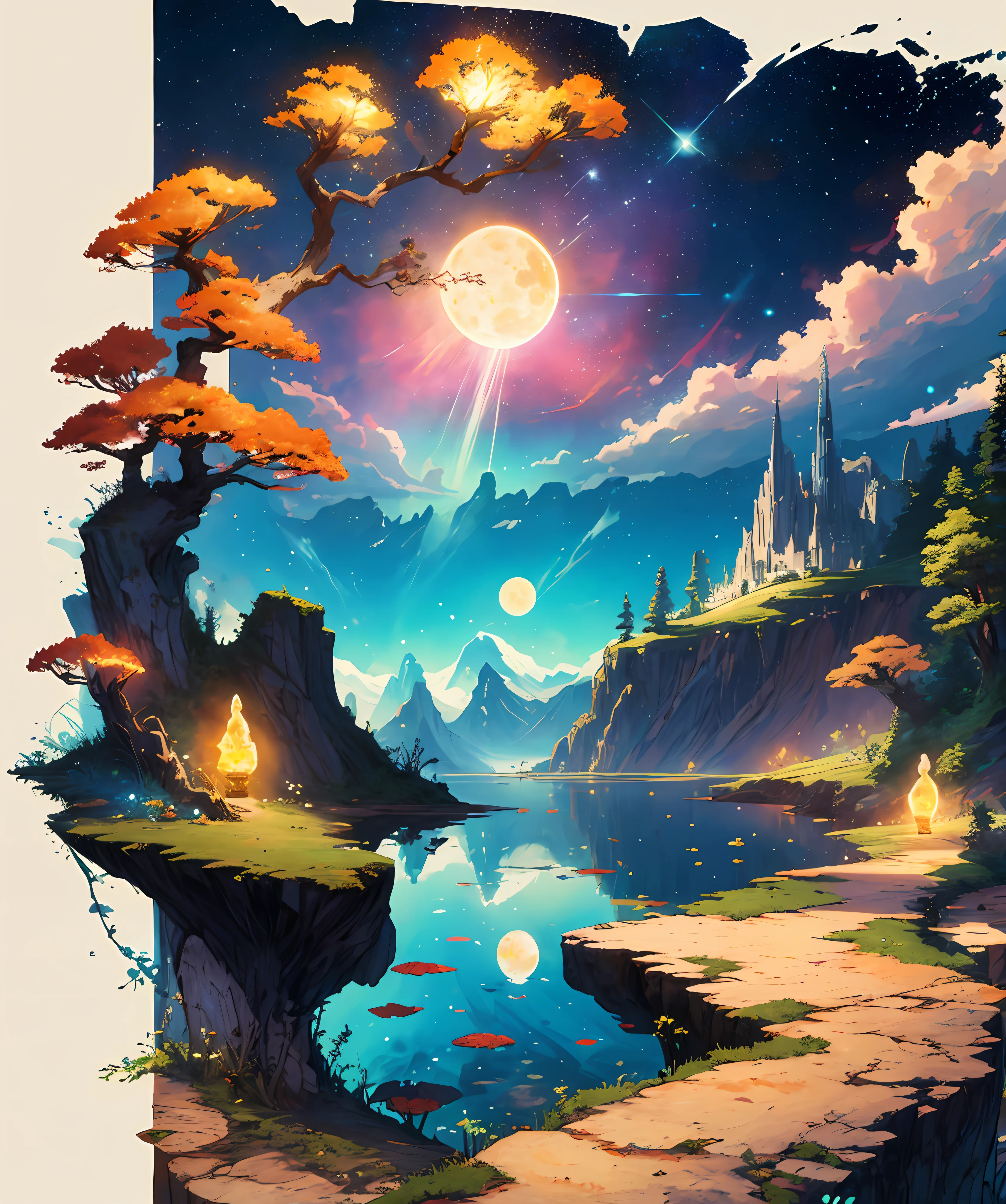 obra-prima, caprichoso, Anime fantastic landscape, sonho, wide vision, flor, Fadas, light particles, Lightweight joints, estrelas brilhantes, cometa passando ao longe, fantasia, astral, paz, cristal, montanha, lago, Natureza, wide vision, flor, fadas, articulas de luz, raios solares, fantasy, astral, paz, cristal, sino, montanha, lago, natureza, jardim com vista para a paisagem,