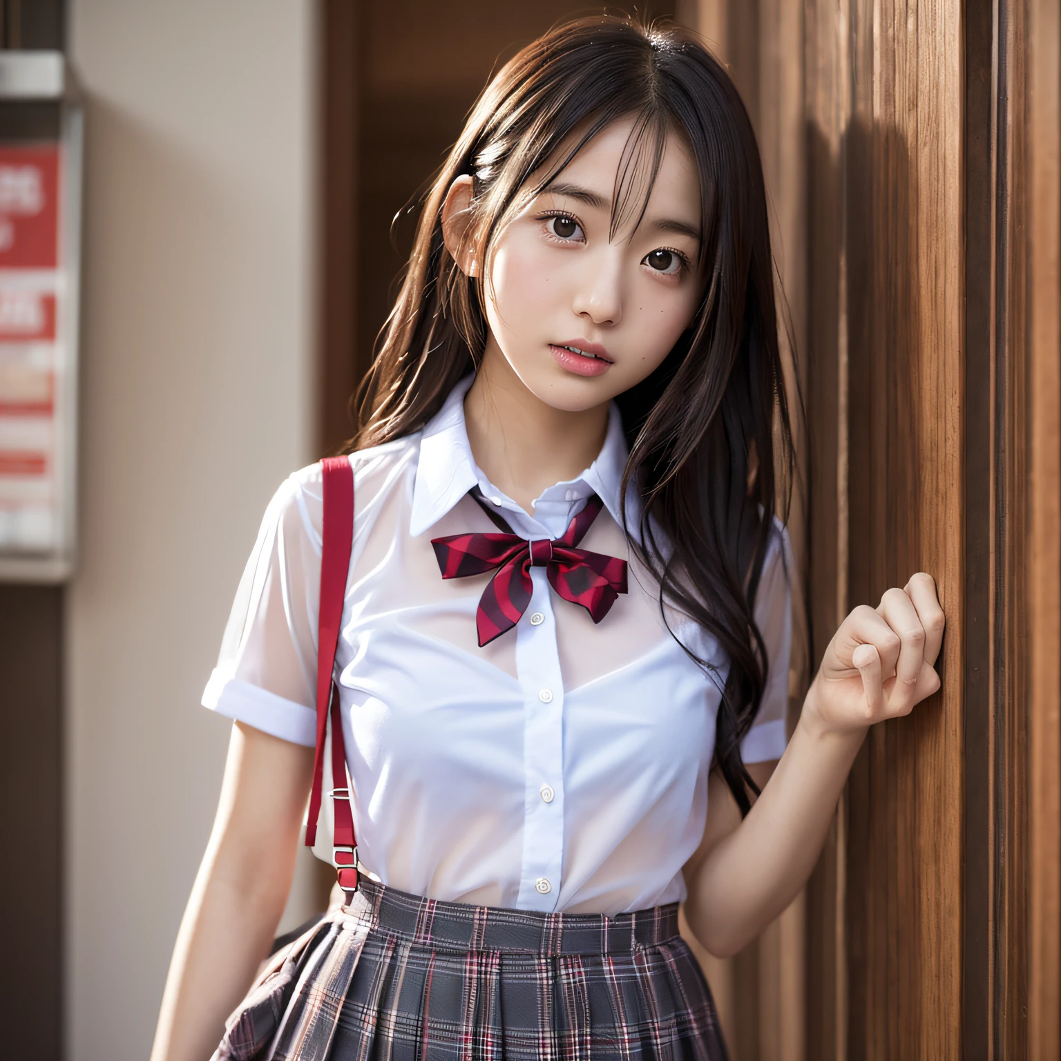 (8k、最好质量、巨作:1.2)、(realisic、photoreallistic:1.37)、A schoolgirl,a cute、One Girl、The whole body is reflected、(a smile:1.15)、(Mouth closed)、