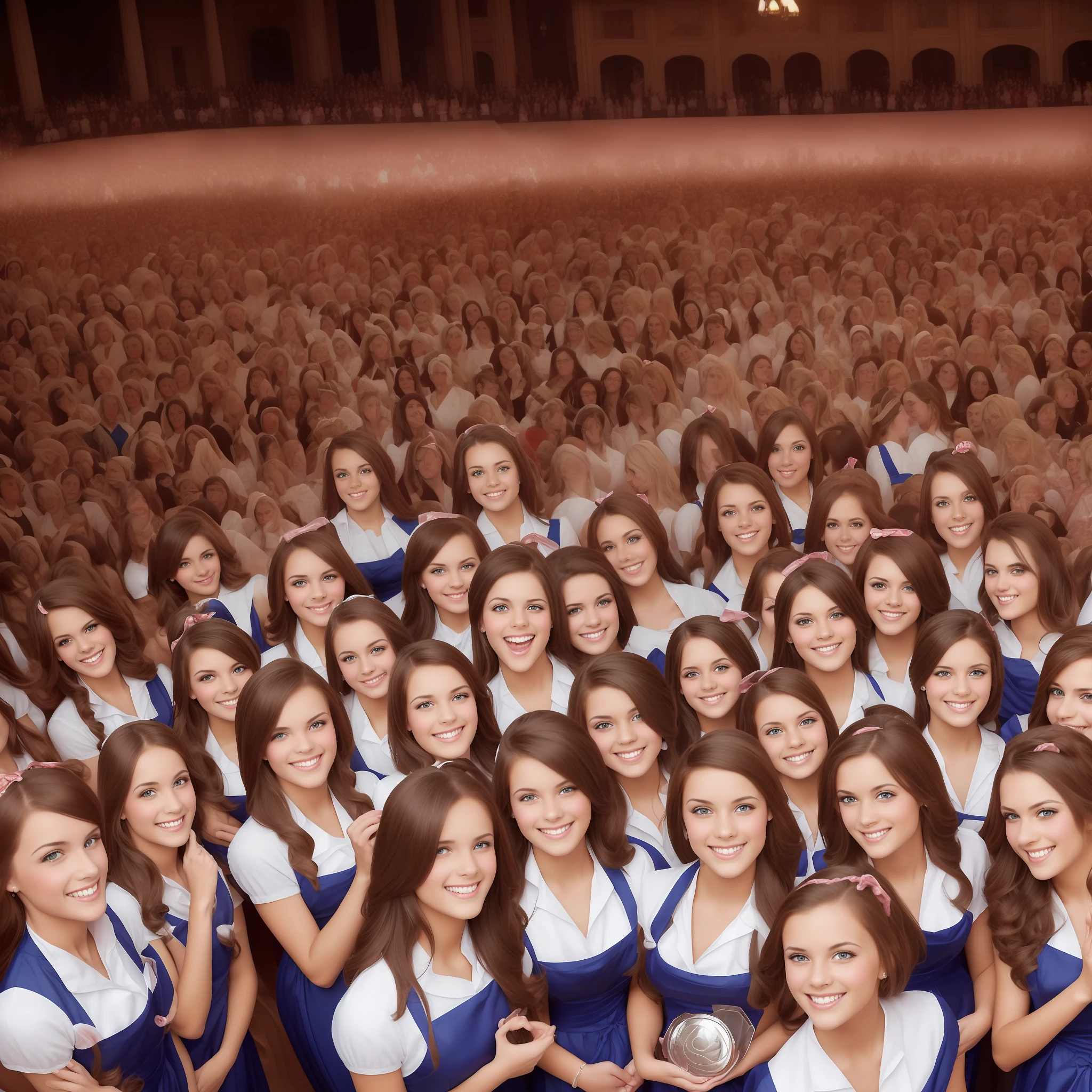 Award Winning Photograph, ((Thousands of, millions of, crowd of)), of gorgeous women, wearing identical maid uniforms, inside mansion, Kodachrome, highly detailed, (perfect faces, highly detailed faces, perfect eyes), different hair colors, different body types, ((cute faces)), looking at viewer, innocent smiles, playful, cheerful, --auto