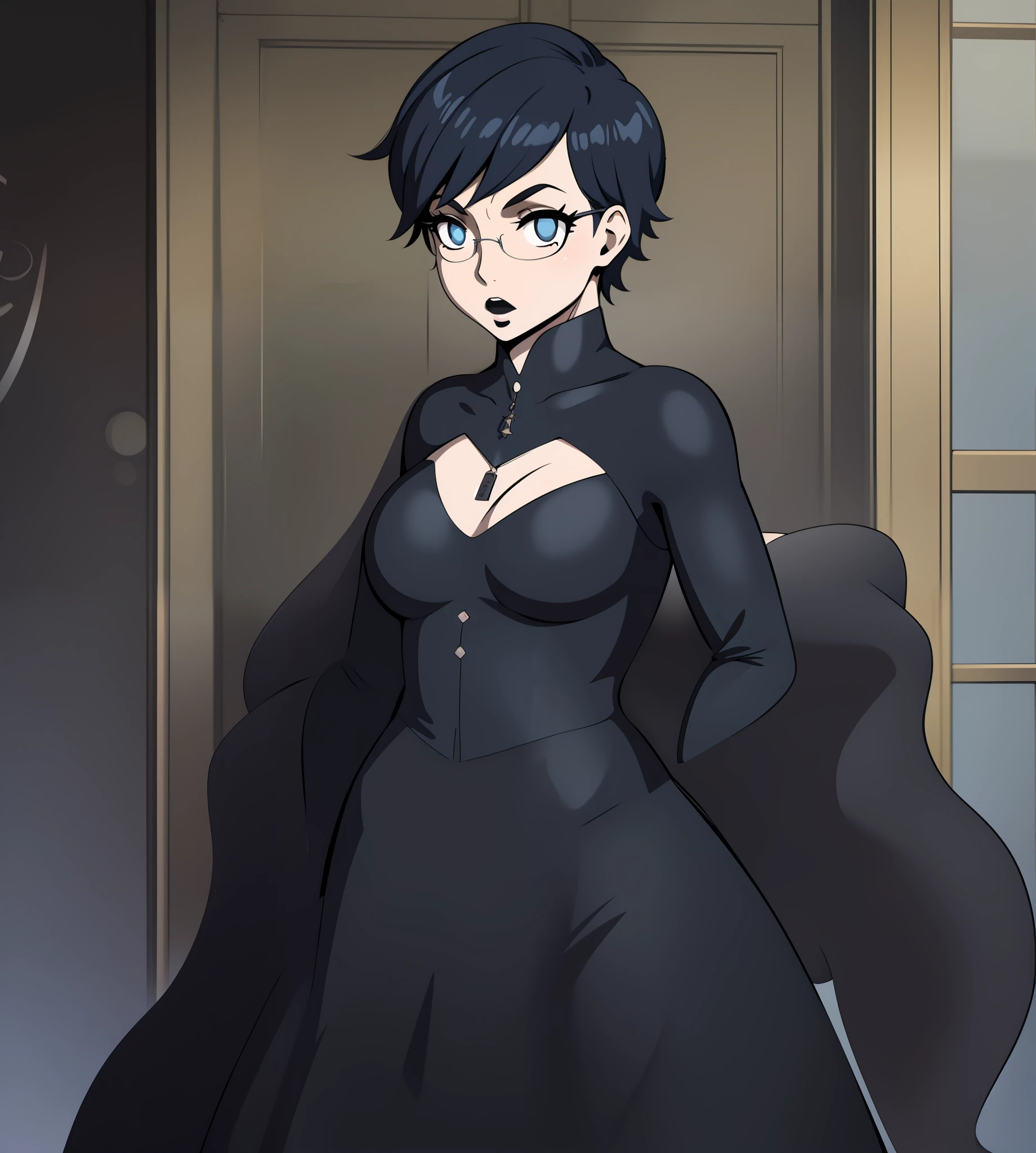 Cheveux courts, robe longue, chiffons noirs, tomboy, cheveux noirs, maquillage, Goth, verre,sein moyen, christian, Croix latine, seul, forest, full clothed, victorian cloths, Jupe longue, marche, portait, corps entier, chiffons noirs, seul, solo focus