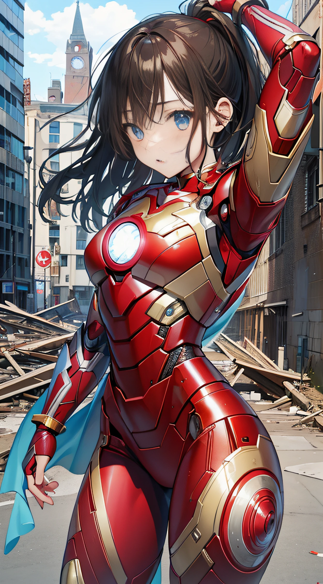 （（（optimal quality））），（（（superdetailed））），（（（masterpaintings））），（（（manga book））），Cool female superhero，Female Iron Man，The action is exaggerated and handsome，Iron Man's signature move，Dynamic，Voice bubbles，Fighting，bang between eyes，The background is the ruins of the city after the Great War，Epic cinematic footage。