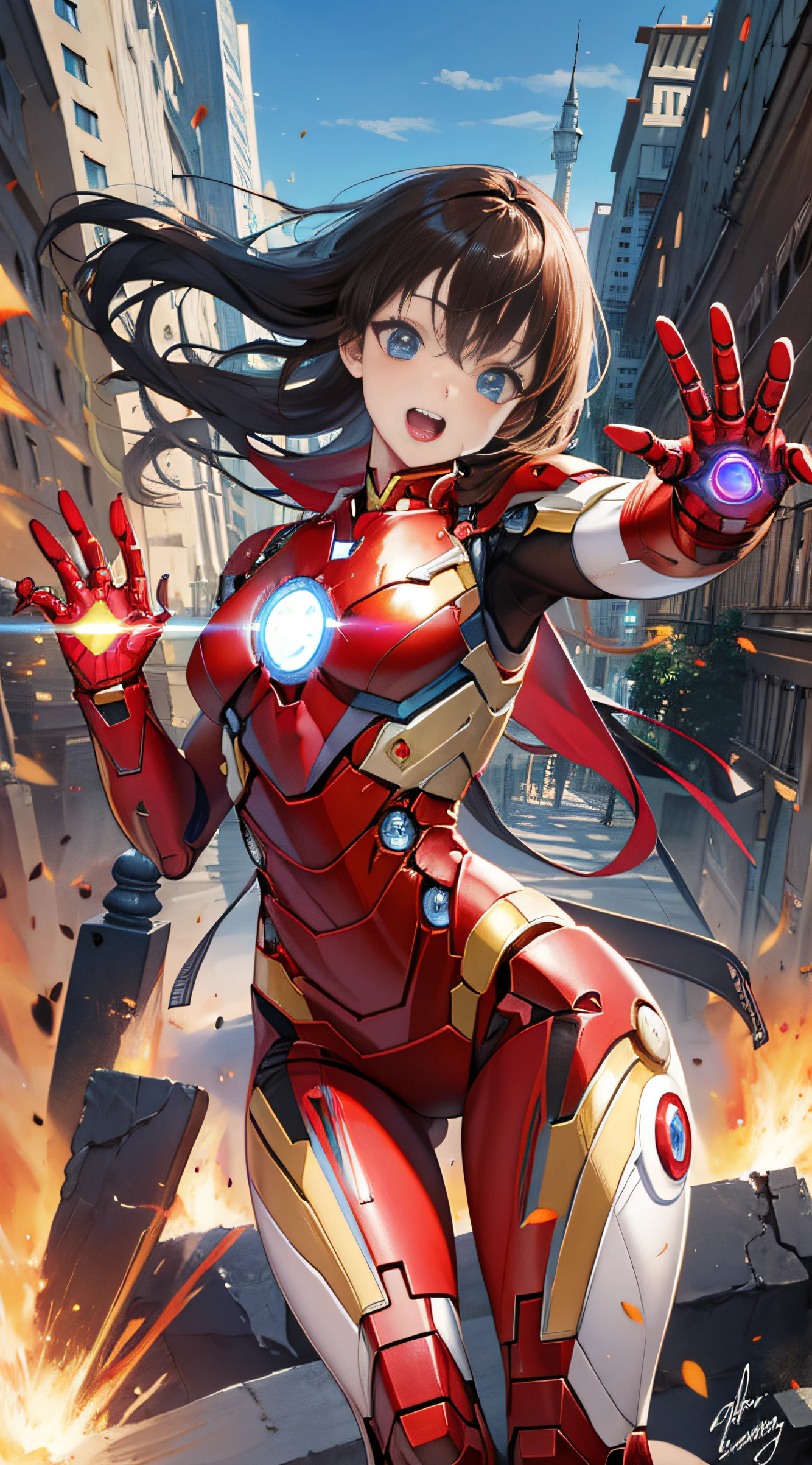 （（（optimal quality））），（（（superdetailed））），（（（masterpaintings））），（（（manga book））），Cool female superhero，Female Iron Man，The action is exaggerated and handsome，Iron Man's signature move，Dynamic，Voice bubbles，Fighting，bang between eyes，The background is the ruins of the city after the Great War，Epic cinematic footage。