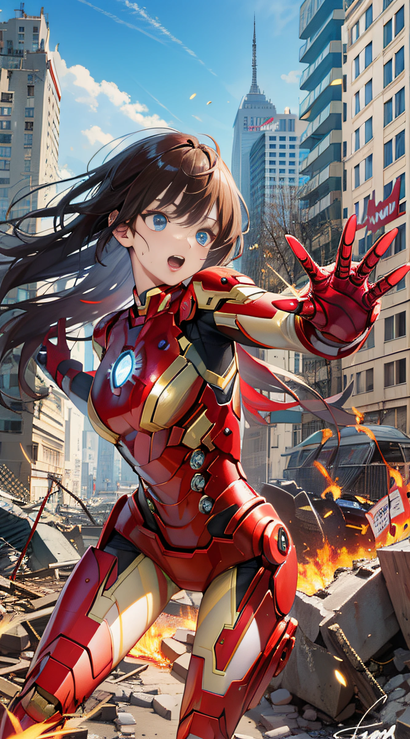 (((optimal quality))),(((superdetailed))),(((masterpaintings))),(((manga book))),Cool female superhero,Female Iron Man,The action is exaggerated and handsome,Iron Man's signature move,Dynamic,Voice bubbles,Fighting,bang between eyes,The background is the ruins of the city after the Great War,Epic cinematic footage。
