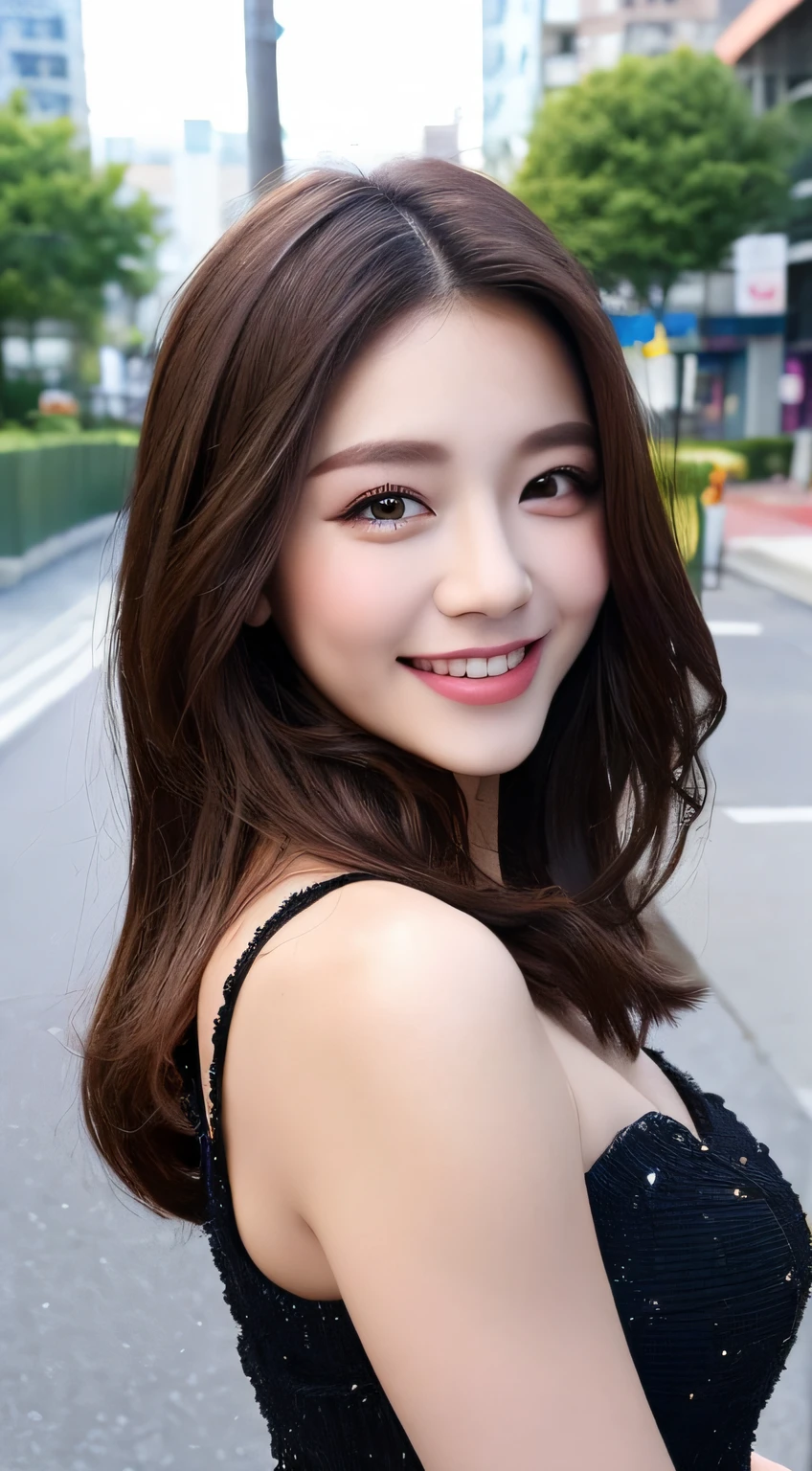 ((Best quality, 8k, Masterpiece :1.3)), 1girl, smiling, full body, slim face, Pretty woman, (Dark brown hair), full length dress :1.1, Ultra-detailed face, Detailed eyes, Double eyelid, blur background, slim face, city, outside, street,