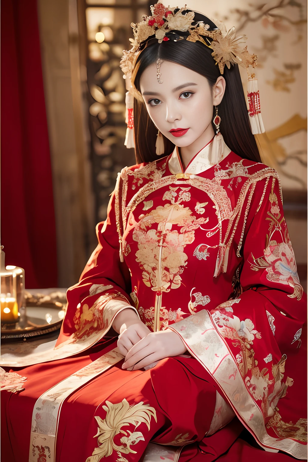 (Ultra-realistic 8k CG: 1.2), perfect artwork, delicate patterns, intricate details, (unparalleled masterpiece, best quality: 1.2), (extremely complex: 1.2), a woman in a red and gold dress, phoenix crown, hair stick, (sitting on a red bed), makeup, blush, shyness, black_hair, looking down, cosmetics, (forehead point), (2 red candles), Chinese_clothes, curtains, earrings, hair_ornament,hanfu, interior, jewelry, red nails, long_sleeves, red dress, red lips, tassels, (red quilt), (red palace: 1.2), (ancient Chinese architecture), (red: 1.8), night