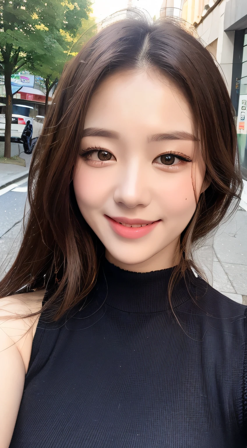 ((Best quality, 8k, Masterpiece :1.3)), 1girl, smiling, full body, slim face, Pretty woman, (Dark brown hair), full length dress :1.1, Ultra-detailed face, Detailed eyes, Double eyelid, blur background, slim face, city, outside, street,