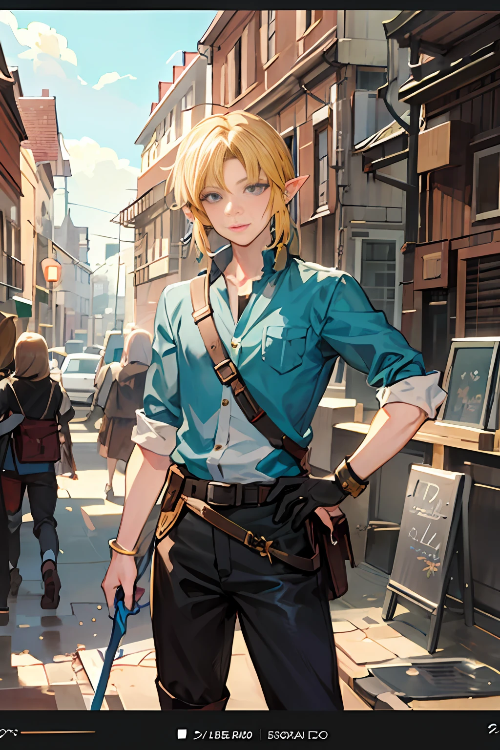 anime character in blue shirt and black pants standing on a city street, Un portrait de Link, Lien depuis Zelda, Zelda legend link, tall anime guy with blue eyes, highly detailed exquisite fanart, handsome guy in demon slayer art, made with anime painter studio, handsome anime pose, anime portrait of a handsome man, male anime character, high detailed official artwork