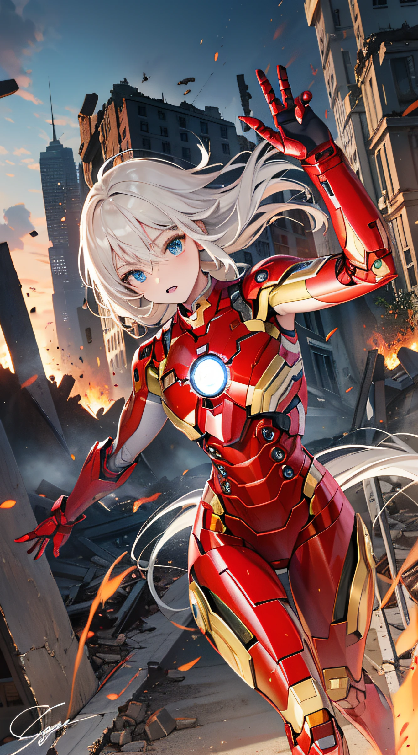 （（（optimal quality））），（（（superdetailed））），（（（masterpaintings））），（（（manga book））），Cool female superhero，Female Iron Man，The action is exaggerated and handsome，Iron Man's signature move，Dynamic，Voice bubbles，Fighting，bang between eyes，The background is the ruins of the city after the Great War，Epic cinematic footage。