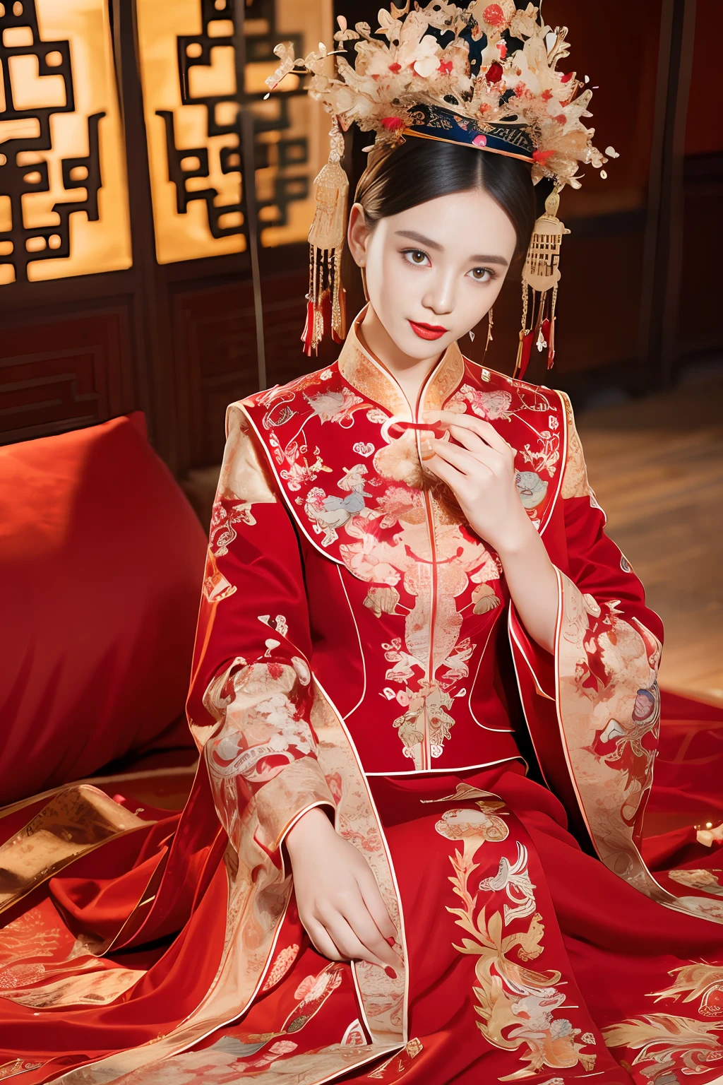 (Ultra-realistic 8k CG: 1.2), perfect artwork, delicate patterns, intricate details, (unparalleled masterpiece, best quality: 1.2), (extremely complex: 1.2), a woman in a red and gold dress, phoenix crown, hair stick, (sitting on a red bed), makeup, blush, shyness, black_hair, looking down, cosmetics, (forehead point), (2 red candles), Chinese_clothes, curtains, earrings, hair_ornament,hanfu, interior, jewelry, red nails, long_sleeves, red dress, red lips, tassels, (red quilt), (red palace: 1.2), (ancient Chinese architecture), (red: 1.8), night