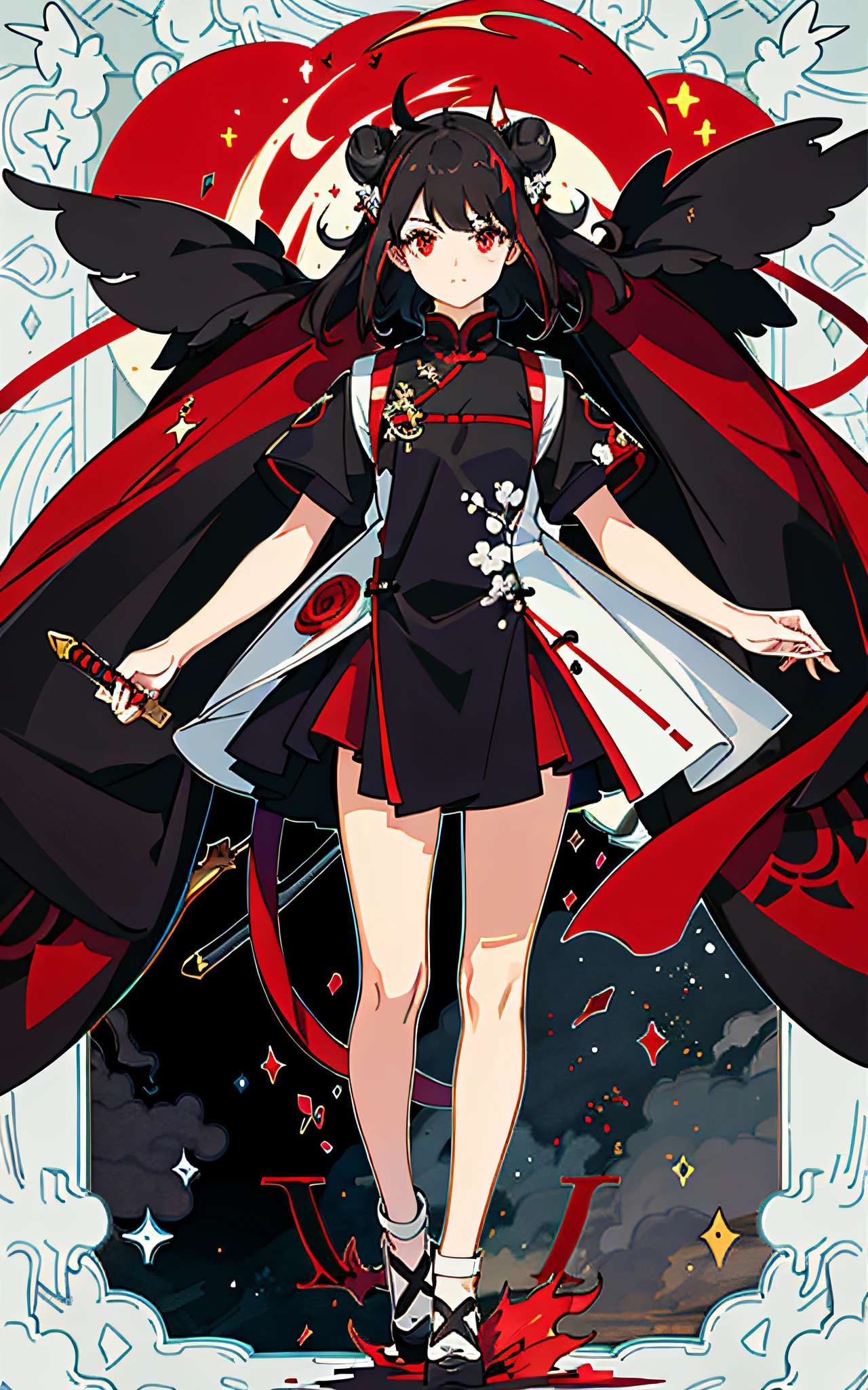 anime style little red riding hood as a badass assassin wielding a sword, smoke, film grain, full body, epic composition