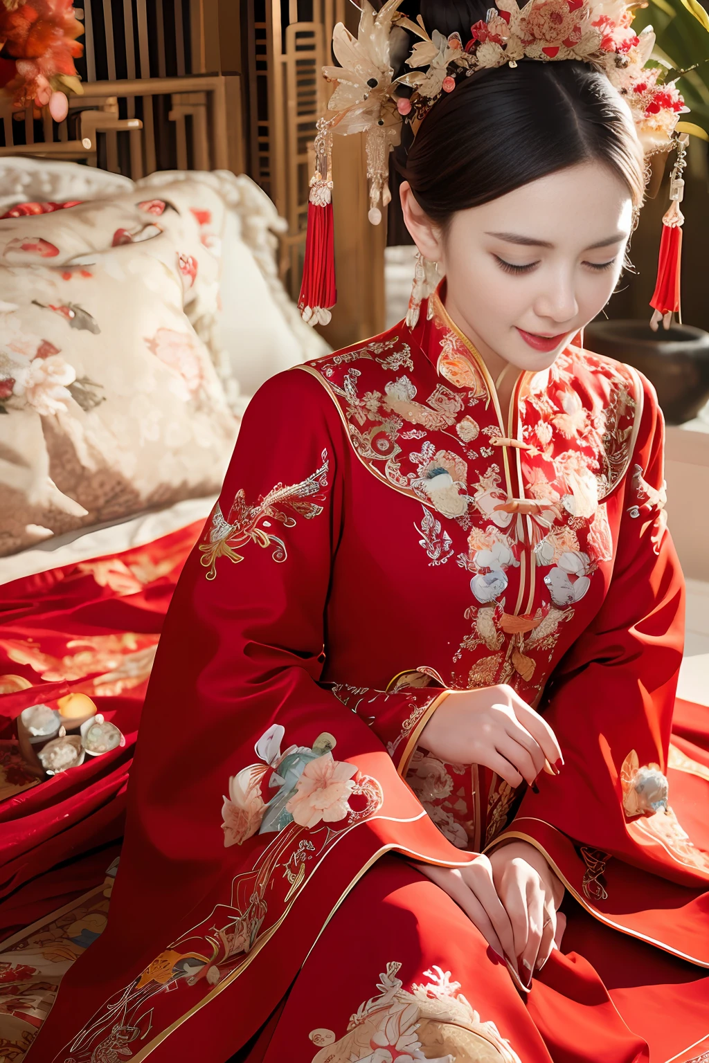 (Ultra-realistic 8k CG: 1.2), perfect artwork, delicate patterns, intricate details, (unparalleled masterpiece, best quality: 1.2), (extremely complex: 1.2), a woman in a red and gold dress, phoenix crown, hair stick, (sitting on a red bed), makeup, blush, shyness, black_hair, looking down, cosmetics, (forehead point), (2 red candles), Chinese_clothes, curtains, earrings, hair_ornament,hanfu, interior, jewelry, red nails, long_sleeves, red dress, red lips, tassels, (red quilt), (red palace: 1.2), (ancient Chinese architecture), (red: 1.8), night