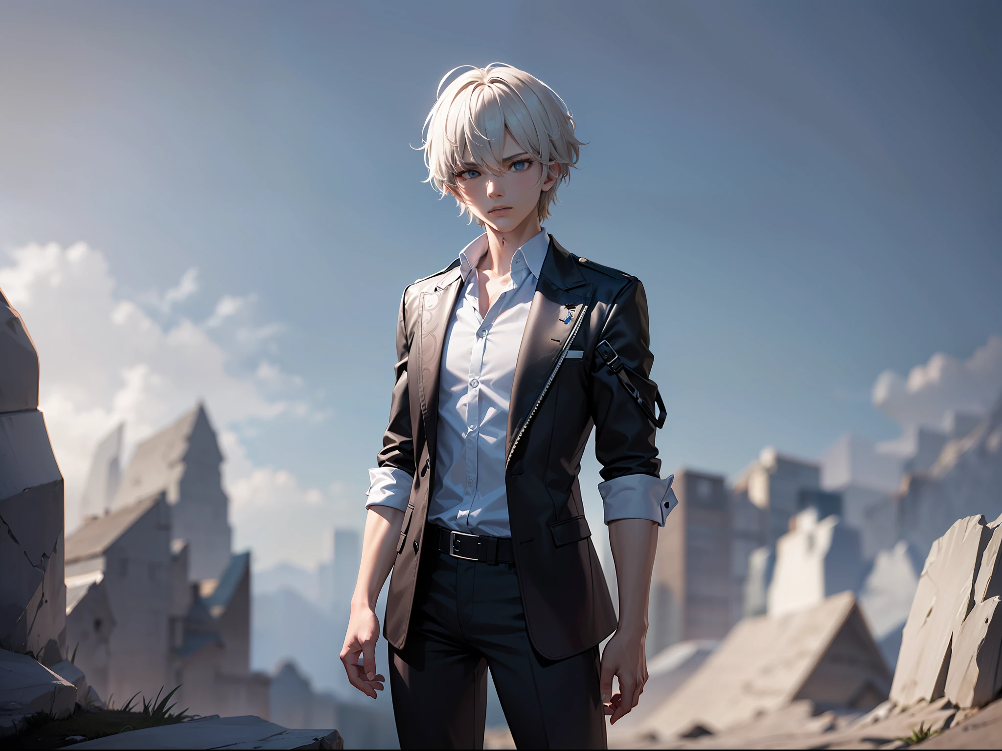 (CG Unity 8K wallpaper in extreme detail，masterpaintings，Highest image quality)，(Delicate light and shadow，The picture is highly dramatic)， A teenager，white short hair，Handsome face，Blue eyes，Expressionlessly，White shirt，Black pantsuit，Stand on the edge of a cliff(Exceptional detail，The lighting effect is outstanding，Vista wide angle)，crepuscular(Excellent rendering，Enough to stand out from the crowd)，raytrace，