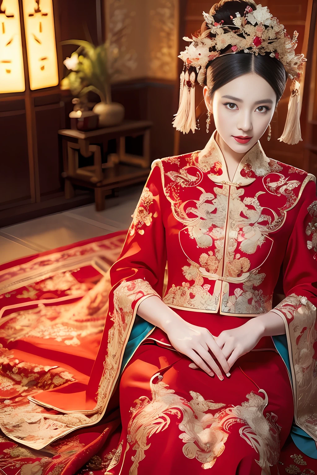 (ultra realistic 8k CG:1.2),perfect artwork,delicate pattern,intricate detail, (unparalleled masterpiece,best quality:1.2),(extremely intricate:1.2),a woman in a red and gold dress, Phoenix crown,hair stick,(sitting on red bed),Cosmetic,blush,shy,black_hair, looking down, Cosmetic,(forehead dot),(2 red candles), chinese_clothes, curtains, earrings, hair_ornament, hanfu, indoors, jewelry, red nails, long_sleeves, red dress, red lips, tassel, (Red quilt),(red palace:1.2),(ancient Chinese architecture),(red:1.8),night