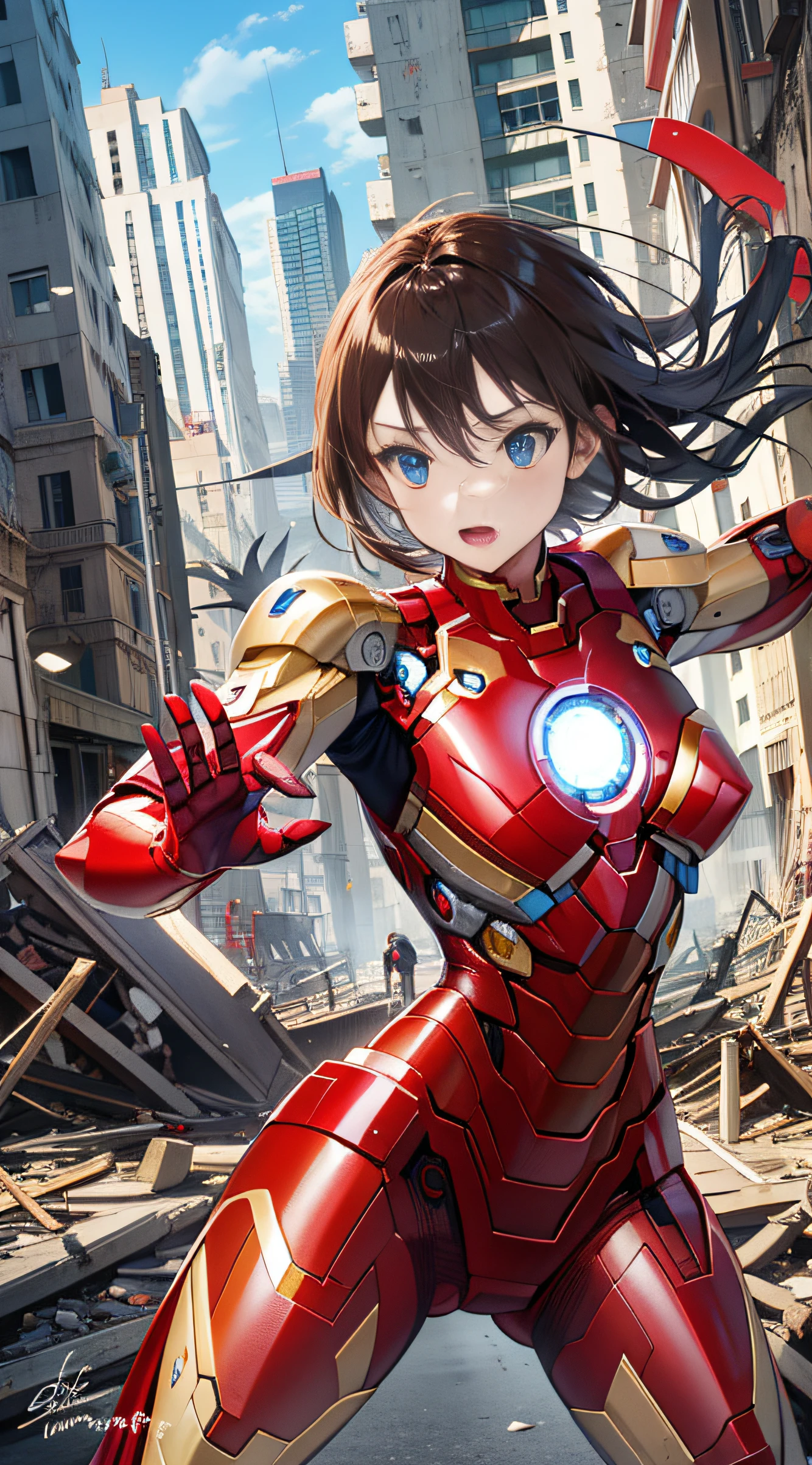 （（（optimal quality））），（（（superdetailed））），（（（masterpaintings））），（（（manga book））），Cool female superhero，Female Iron Man，The action is exaggerated and handsome，Iron Man's signature move，Dynamic，Voice bubbles，Fighting，bang between eyes，The background is the ruins of the city after the Great War，Epic cinematic footage。