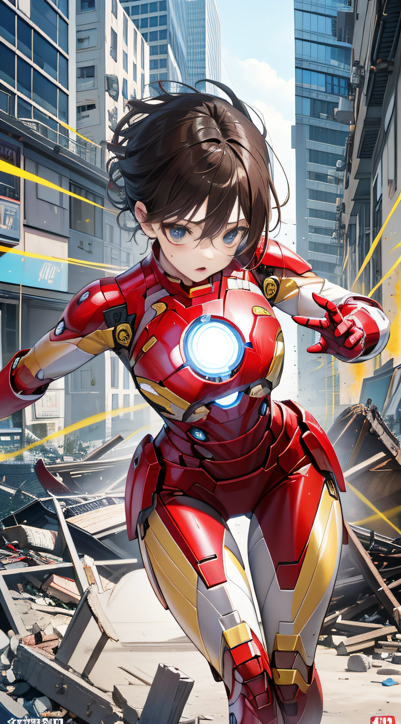 （（（optimal quality））），（（（superdetailed））），（（（masterpaintings））），（（（manga book））），Cool female superhero，Female Iron Man，The action is exaggerated and handsome，Iron Man's signature move，Dynamic，Voice bubbles，Fighting，bang between eyes，The background is the ruins of the city after the Great War，Epic cinematic footage。