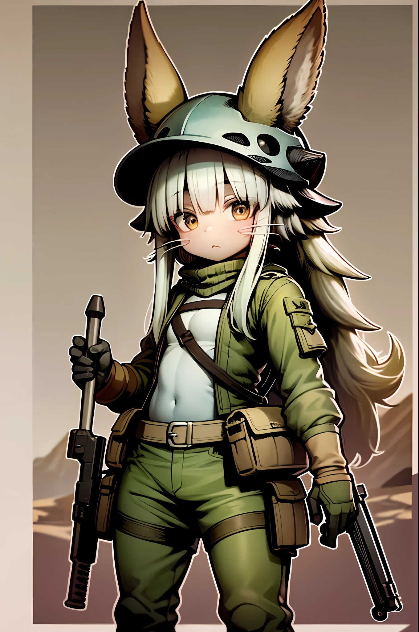 a 1girl, 独奏, Fluffy, Nanachi \(made in abyss\), nanachihat, Nanachipants, Standing, looking at the viewer, in military uniform, camo, Tactical uniforms, Desert camouflage, desert,