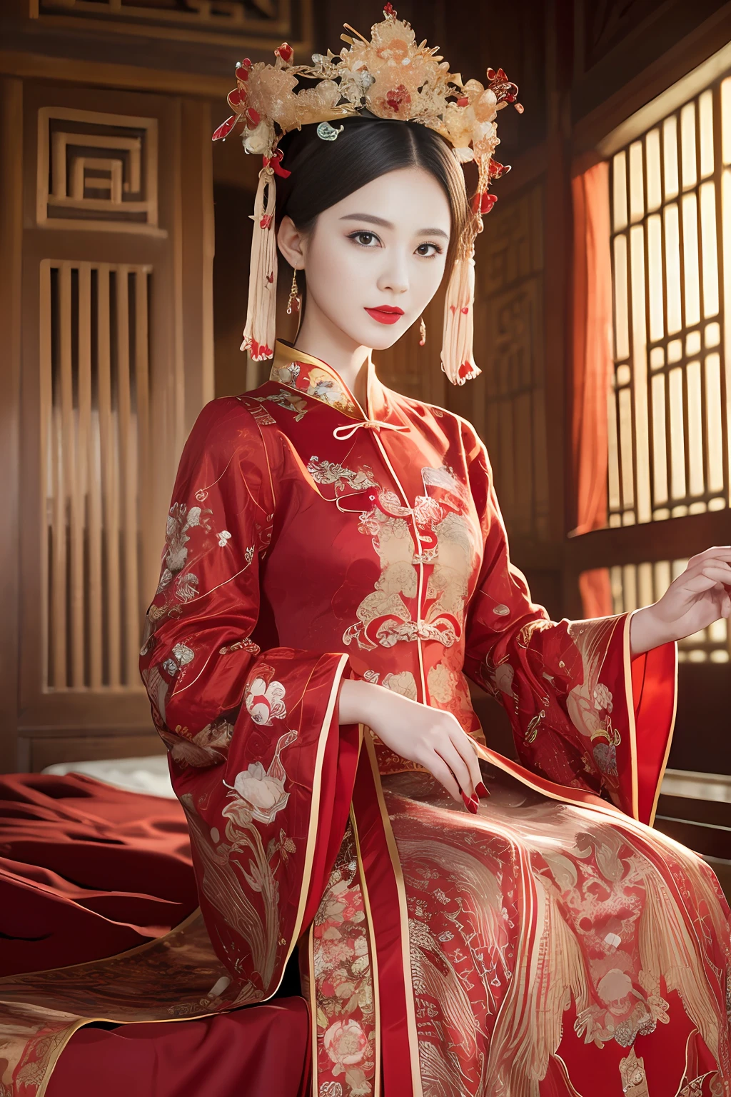 (ultra realistic 8k CG:1.2),perfect artwork,delicate pattern,intricate detail, (unparalleled masterpiece,best quality:1.2),(extremely intricate:1.2),a woman in a red and gold dress, Phoenix crown,hair stick,(sitting on red bed),Cosmetic,blush,shy,black_hair, looking down, Cosmetic,(forehead dot),(2 red candles), chinese_clothes, curtains, earrings, hair_ornament, hanfu, indoors, jewelry, red nails, long_sleeves, red dress, red lips, tassel, (Red quilt),(red palace:1.2),(ancient Chinese architecture),(red:1.8),night