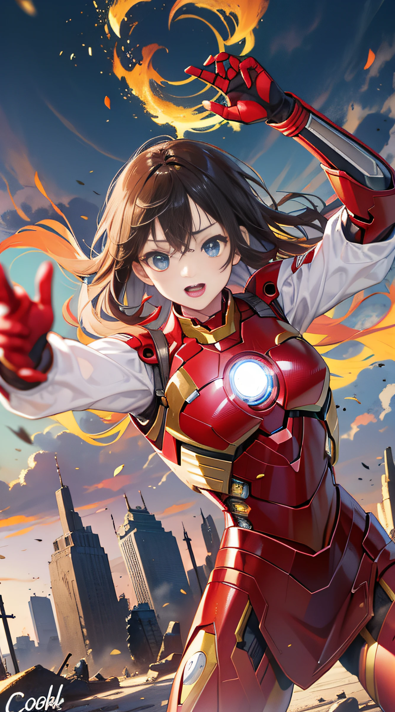 (((optimal quality))),(((superdetailed))),(((masterpaintings))),(((manga book))),Cool female superhero,Female Iron Man,The action is exaggerated and handsome,Iron Man's signature move,Dynamic,Voice bubbles,Fighting,bang between eyes,The background is the ruins of the city after the Great War,Epic cinematic footage。