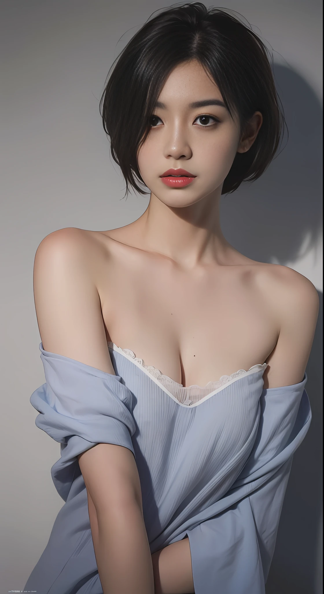 Best quality, masterpiece, ultra high res, (photorealistic:1.5), raw photo, 1girl, offshoulder, in the dark, deep shadow, low key, cold light, sexy look, short hair