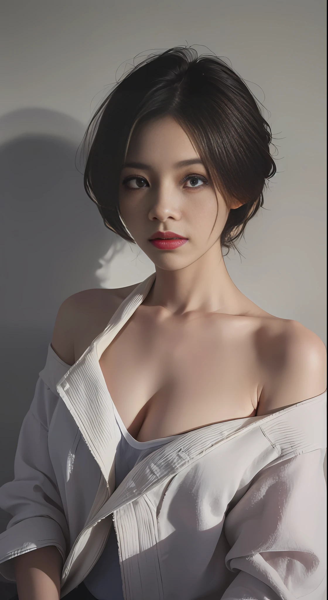 Best quality, masterpiece, ultra high res, (photorealistic:1.5), raw photo, 1girl, offshoulder, in the dark, deep shadow, low key, cold light, sexy look, short hair