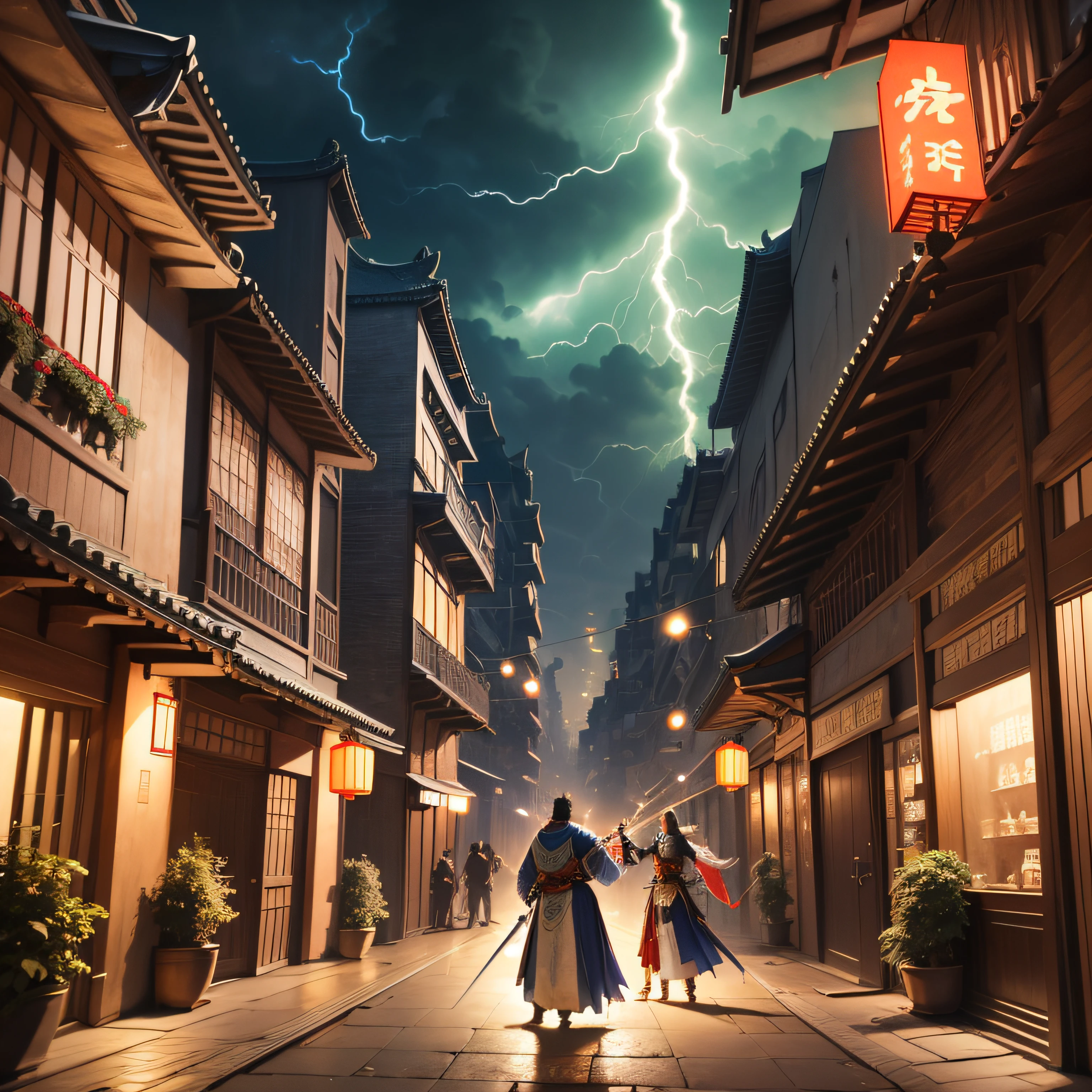 Ancient Chinese architecture,Streets,Night,in the far, three people were jousting with swords,wearing a hanfu,One person was kidnapped,Ancient Chinese architecture,Ultra-long viewing angle,Sky lightning,On the beam stood a man with a sword in his hand