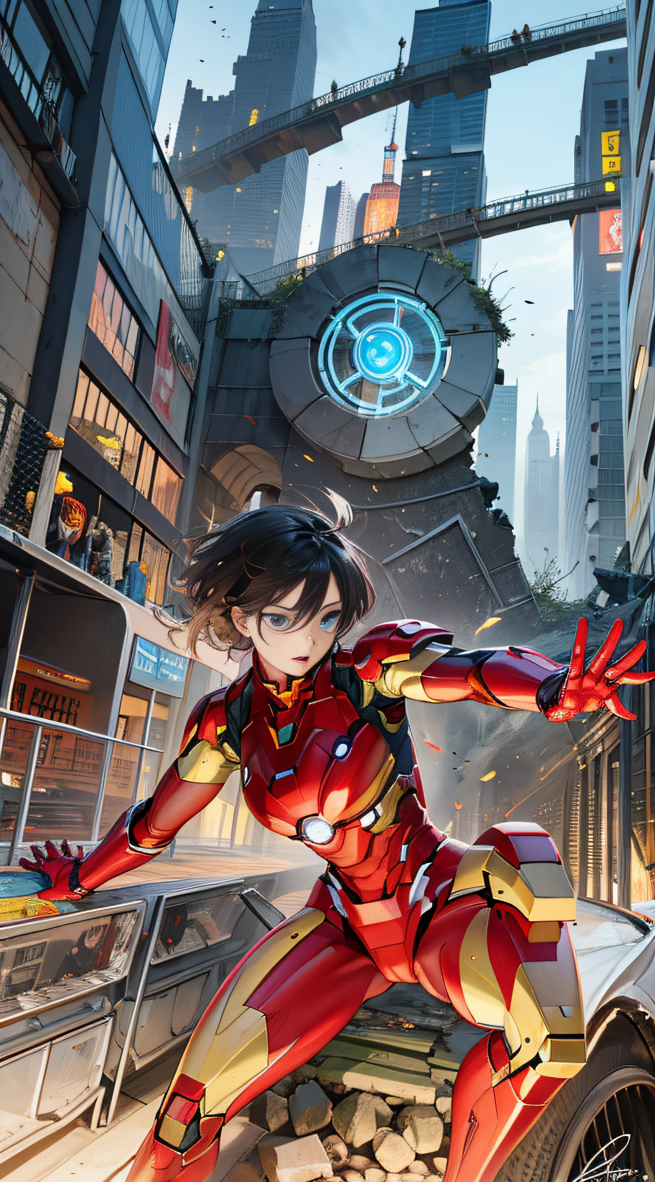 (((optimal quality))),(((superdetailed))),(((masterpaintings))),(((manga book))),Cool female superhero,Female Iron Man,The action is exaggerated and handsome,Iron Man's signature move,Dynamic,Voice bubbles,Fighting,bang between eyes,The background is the ruins of the city after the Great War,Epic cinematic footage。