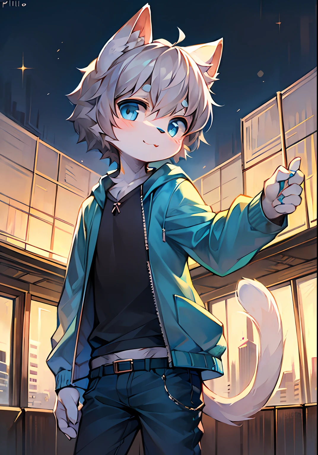 Bright eyes, panorama, character focus solo, furry, furry male cat, male yellow-white fur, blue eyes, gray hair (long) style, little cute, will sell cute, wearing blue clothes and pants, the character is standing