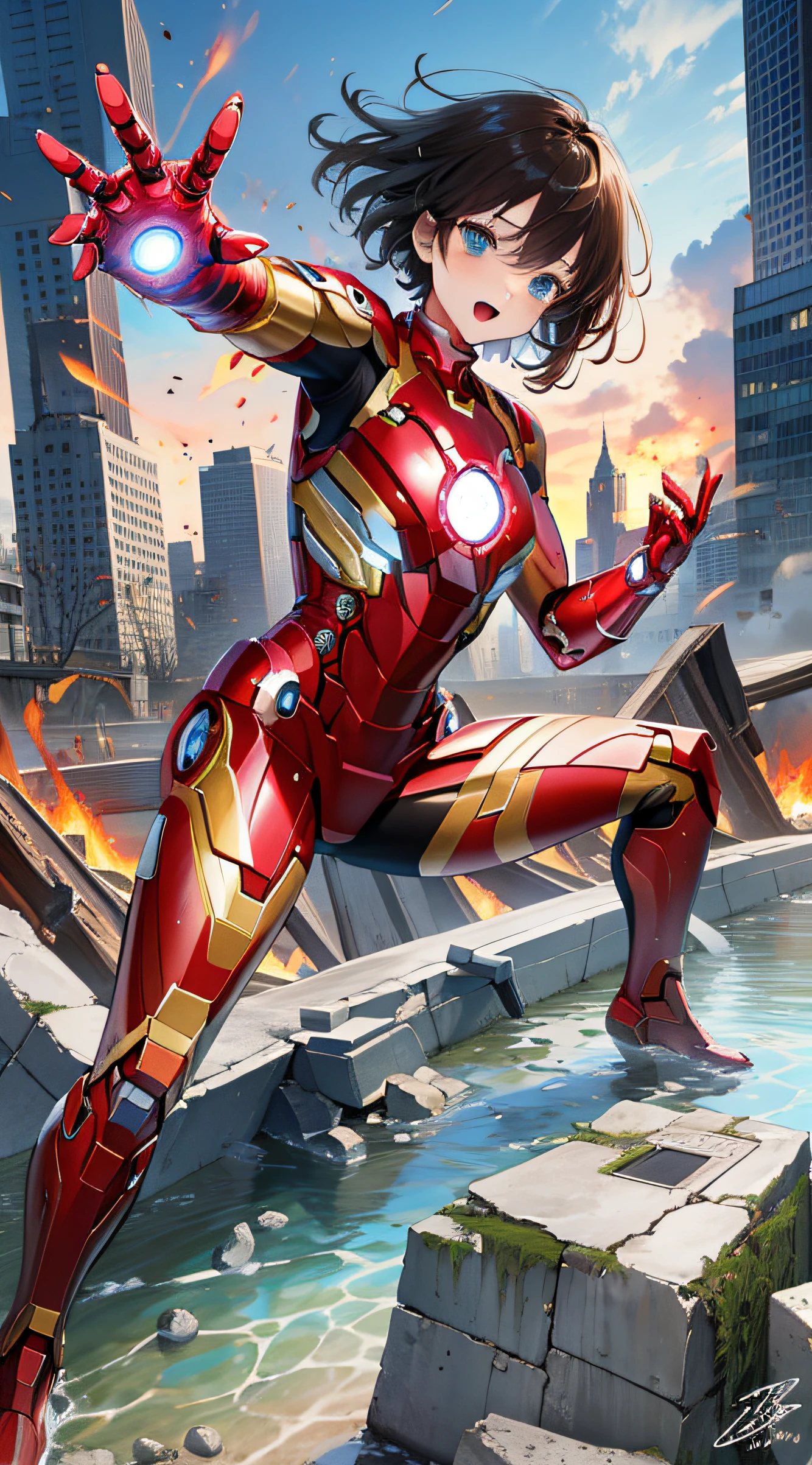 （（（optimal quality））），（（（superdetailed））），（（（masterpaintings））），（（（manga book））），Cool female superhero，Female Iron Man，The action is exaggerated and handsome，Iron Man's signature move，Dynamic，Voice bubbles，Fighting，bang between eyes，The background is the ruins of the city after the Great War，Epic cinematic footage。