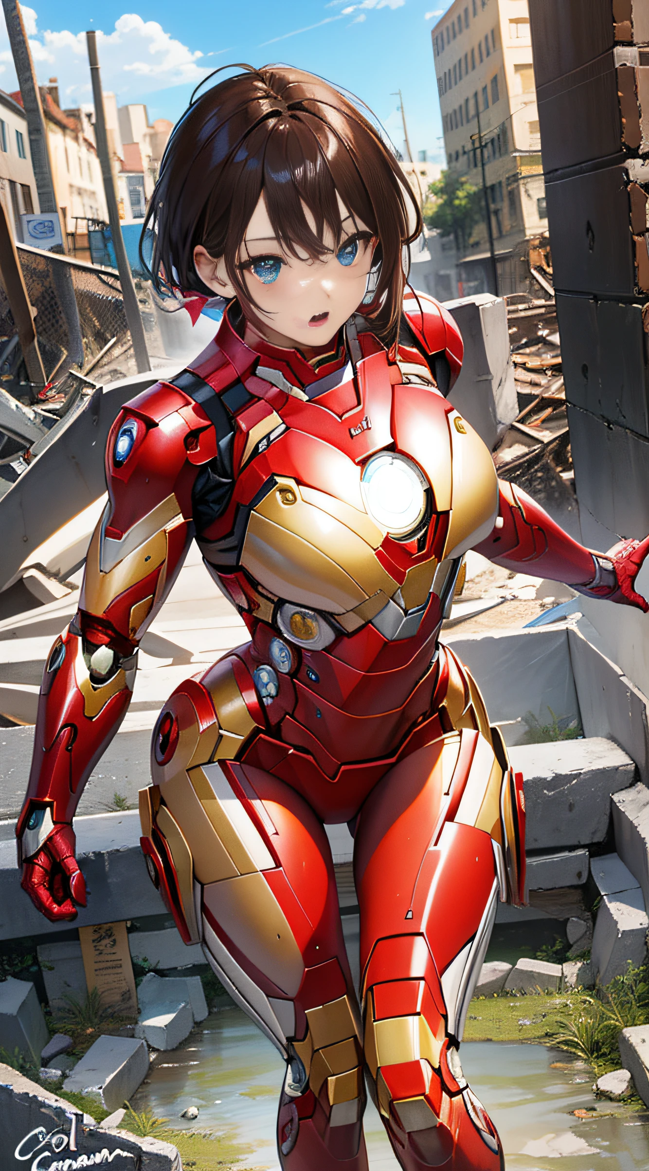 (((optimal quality))),(((superdetailed))),(((masterpaintings))),(((manga book))),Cool female superhero,Female Iron Man,The action is exaggerated and handsome,Iron Man's signature move,Dynamic,Voice bubbles,Fighting,bang between eyes,The background is the ruins of the city after the Great War,Epic cinematic footage。