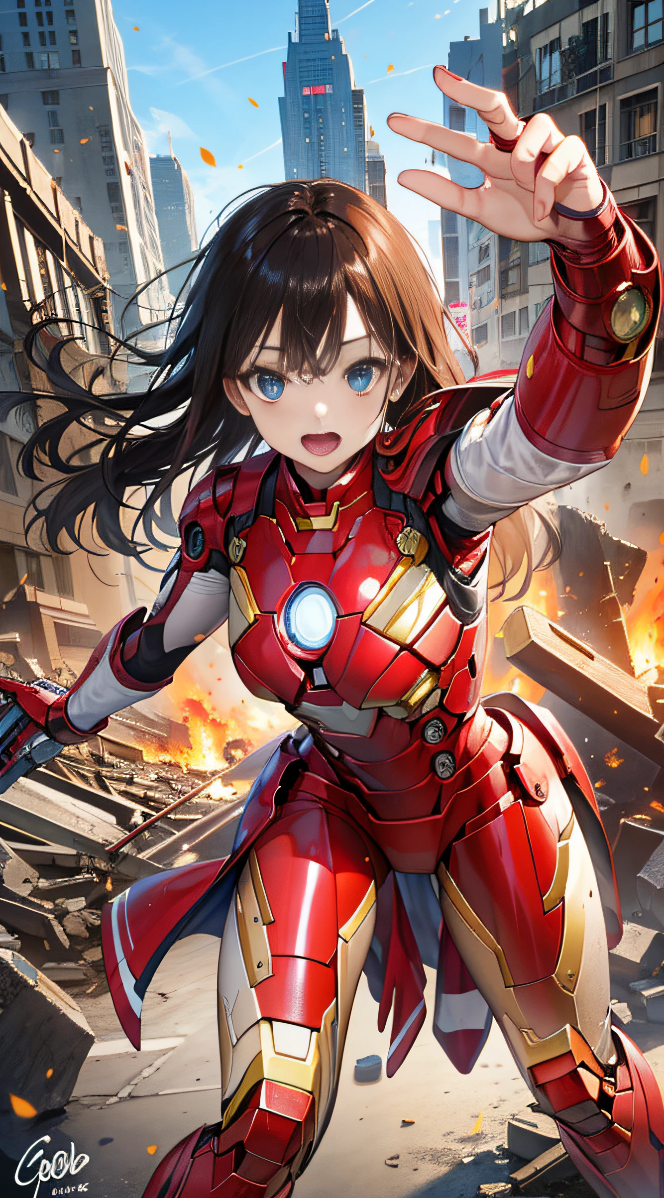 （（（optimal quality））），（（（superdetailed））），（（（masterpaintings））），（（（manga book））），Cool female superhero，Female Iron Man，The action is exaggerated and handsome，Iron Man's signature move，Dynamic，Voice bubbles，Fighting，bang between eyes，The background is the ruins of the city after the Great War，Epic cinematic footage。