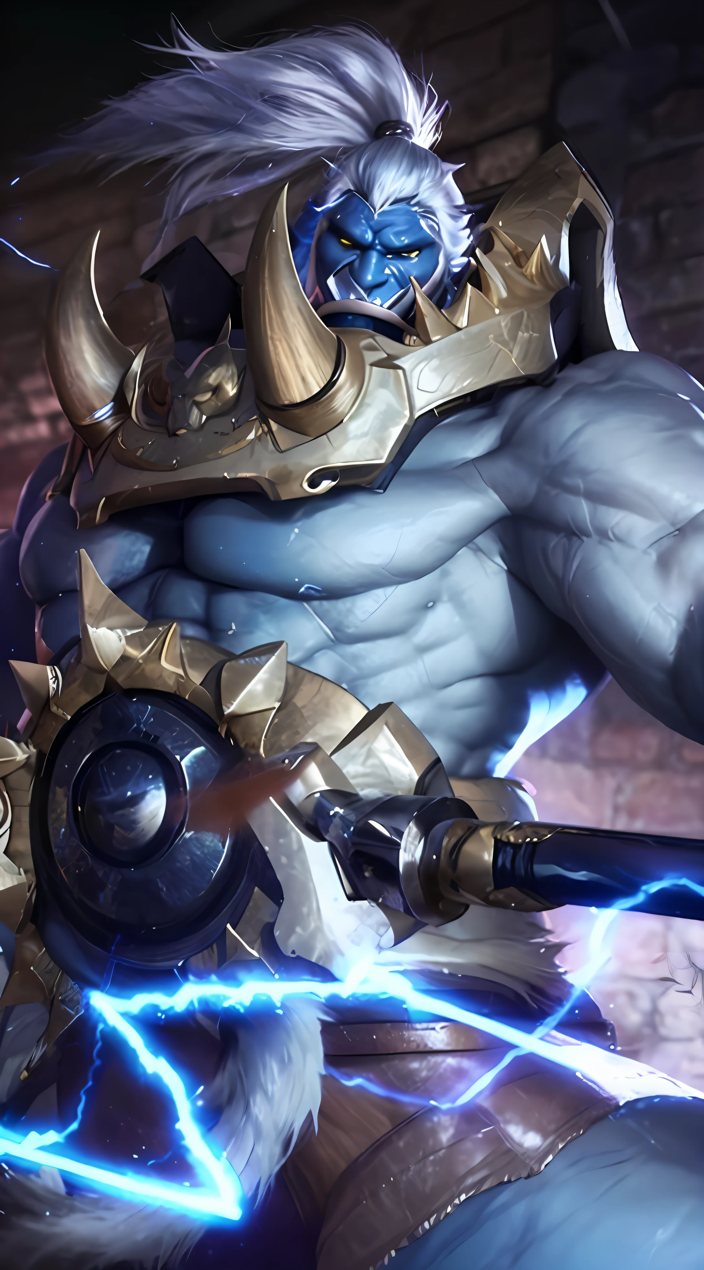 a close up of a person with a sword and a lightning, nasus, painted portrait of mordekaiser, 8k hd wallpaperjpeg artifact, 8k hd wallpaperjpeg artifact, arcane jayce, raziel irl, doomfist, amazing portrait of viego, 4K, HD, Ultra Realistic, extremely detailed, a orc with silver hair