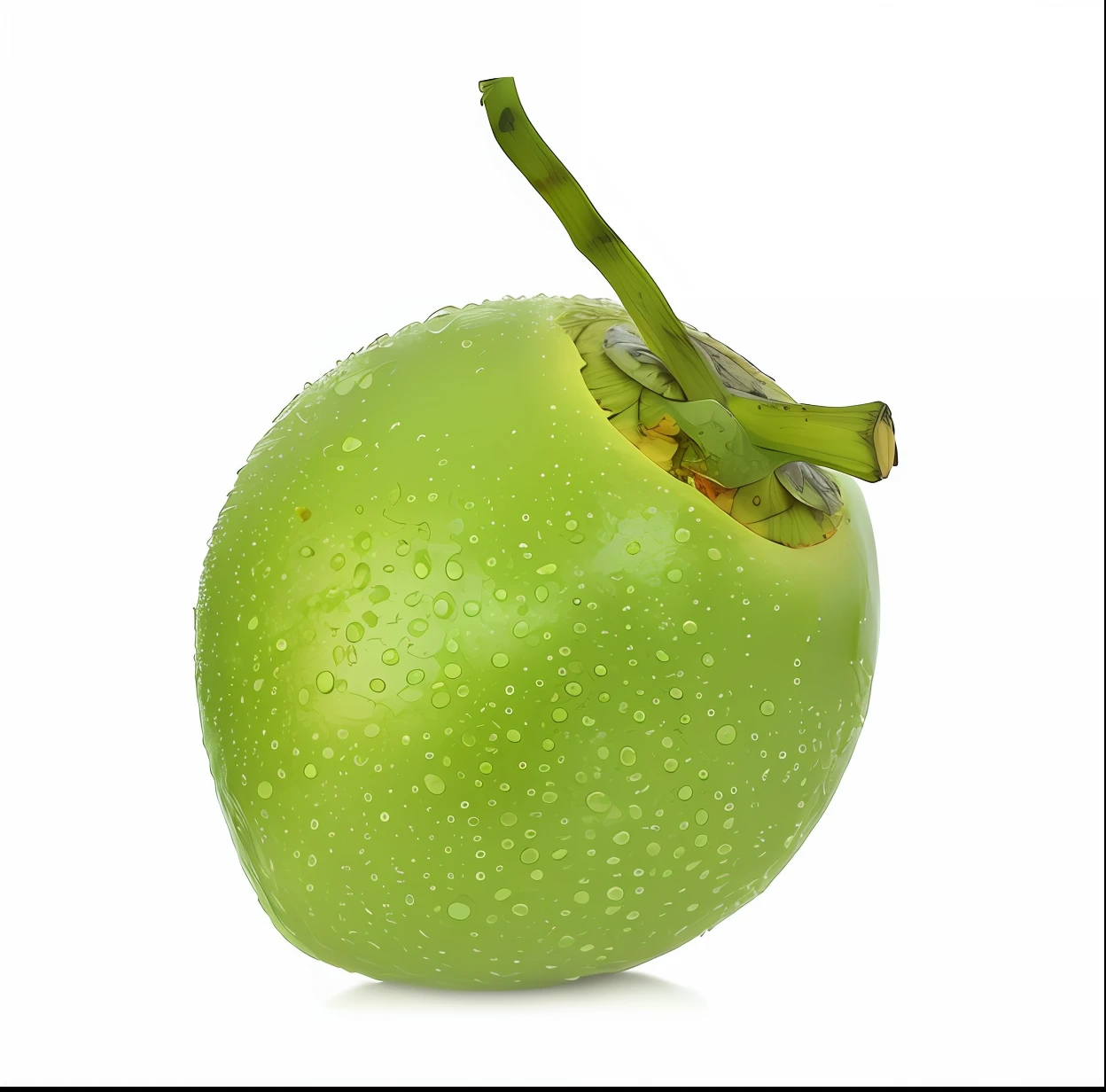 There is a green coconut,There are water droplets on it, on the white background, isolated on a whitebackground, passion fruits, an alien fruit, tropical fruit, professional fruit photography, kiwi fruit, mangosteen, On white background, isolated on white, on the white background, F5.6, mangoes, eating rotting fruit, grogu, high quality product photo