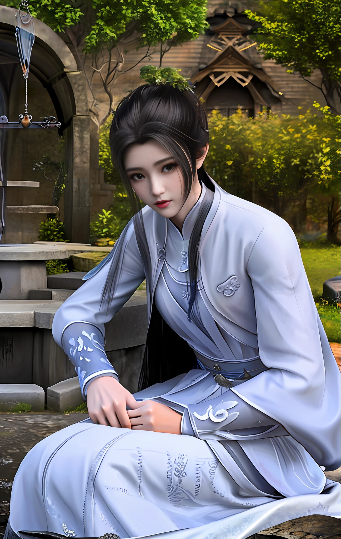 (巨作), High picture quality, faerie, Antique painting style, Sit on your knees, A white dress, Beautiful face, Garland embellishment, Gentle mist,Tranquil water, Next to the ancient well, Light makeup, warmtones, Engraved details, exquisite texture.