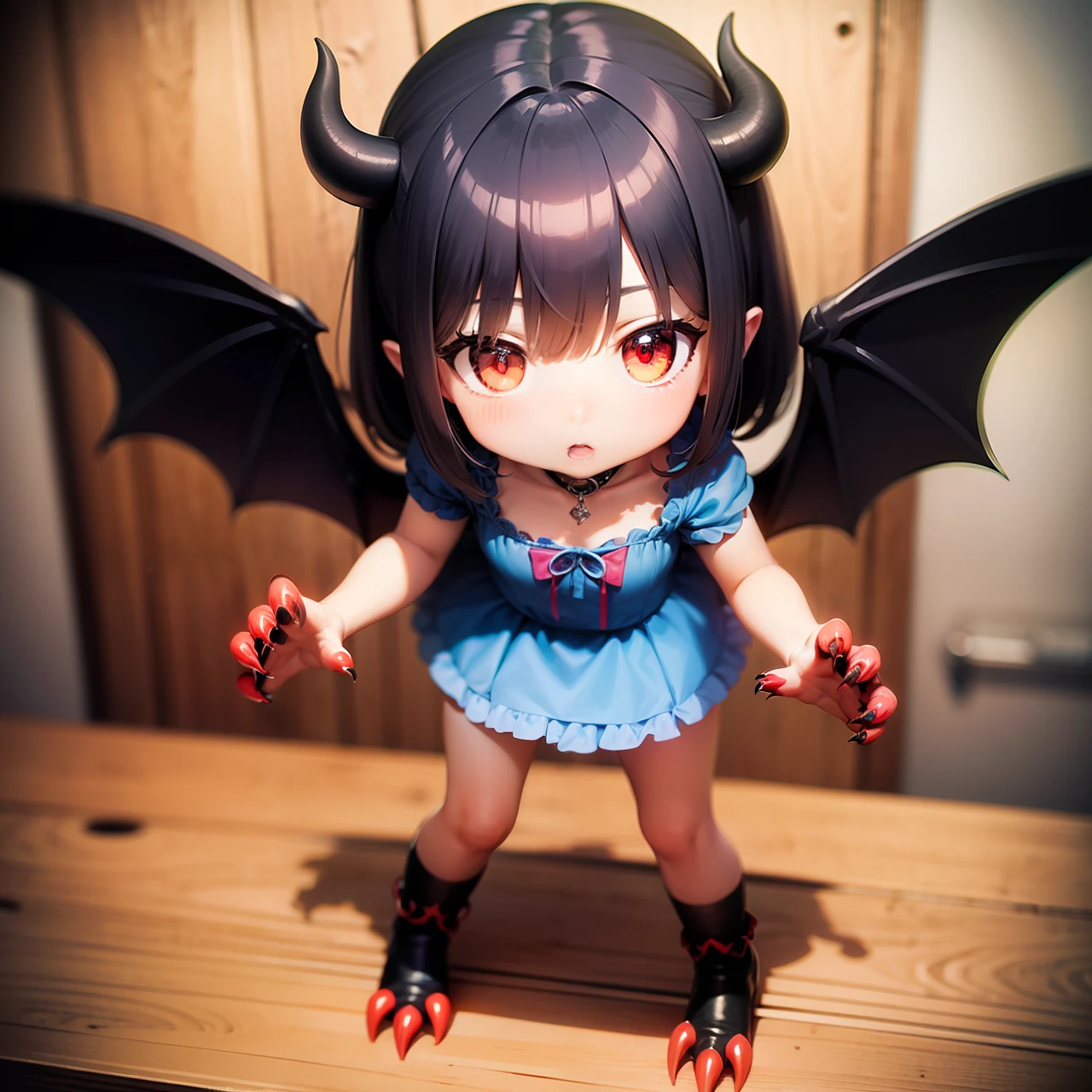 Splash art, cute demon girl, demon wings, cute blue summer dress, showing claw hands pose, with small red claws, (perfect hands), looking to viewer, standing on wooden table, fighting pose, stunning beauty, [[chibi]], close-up, muted colors, deep shadows, trending on Pixiv, 4k