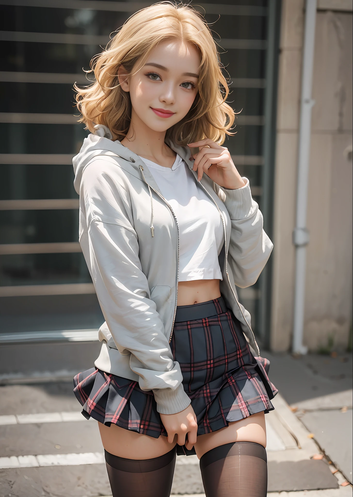 best quality, ultra detailed, extremely detailed, realistic, (masterpiece:1.1), high quality, (highres), female, idol, 22 years old, smile, embarrassed, blush, slender, pale skin, light blonde hair, wavy hair, medium hair, (hoodie, \(see-through\) skirt), nsfw, small breasts, panties, pantyhose, kneehighs,