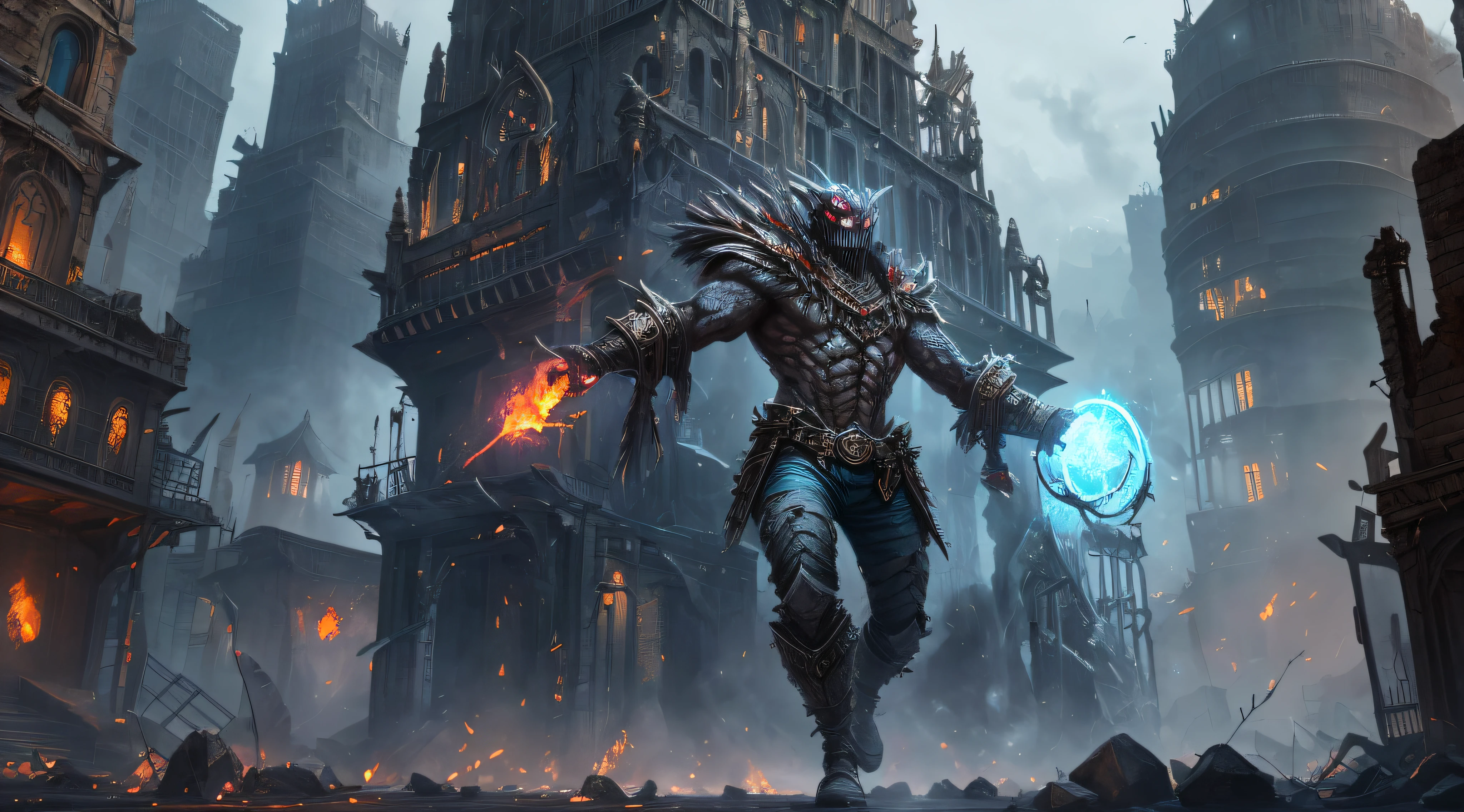 (Very detailed 8k wallpapers),A medium shot of a terrifying necromancer,intricated,high-details,Dramatic,The forgotten war,city ruins。